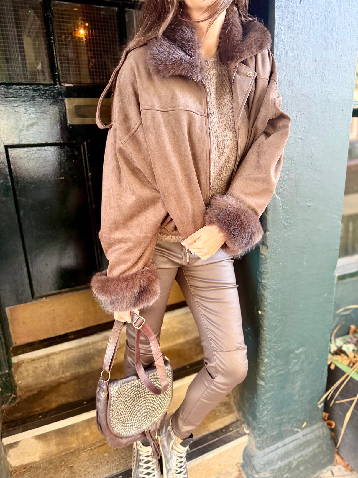 Shauna Faux Suede Bomber - Choc