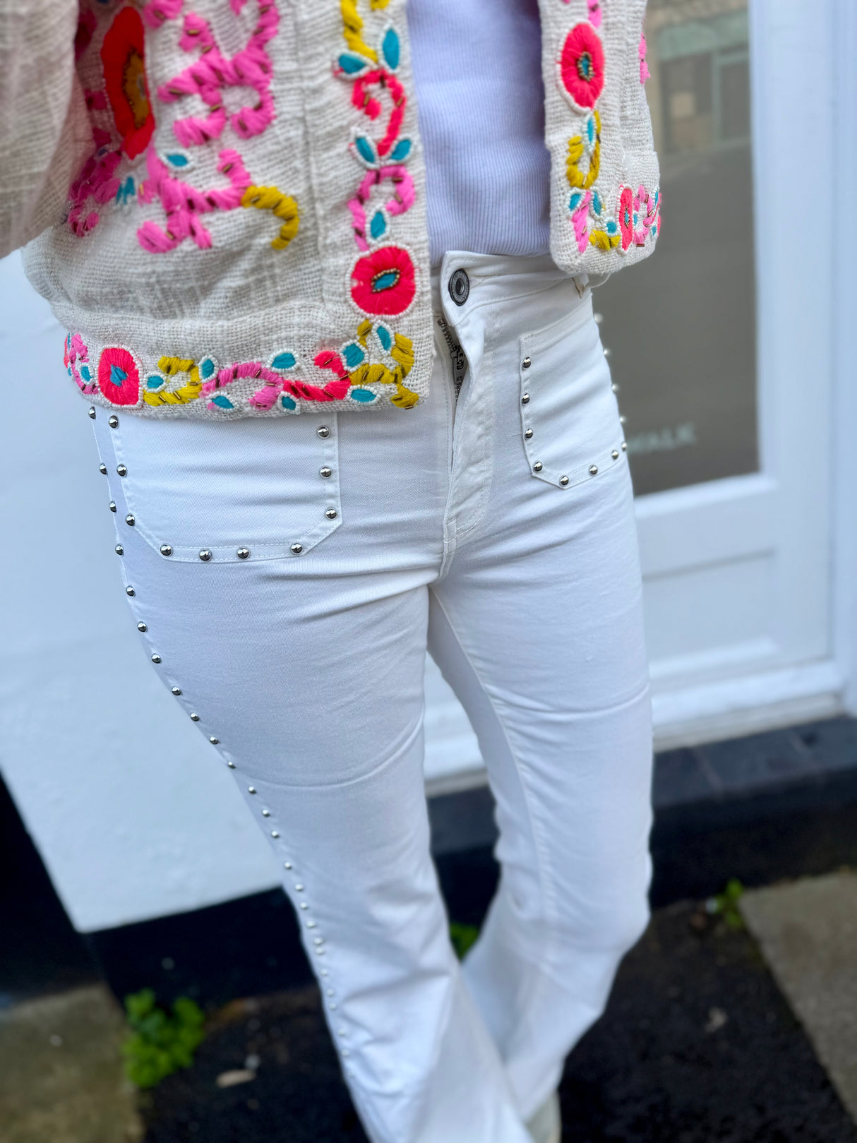 Stella Studded Bootcut Jean - White