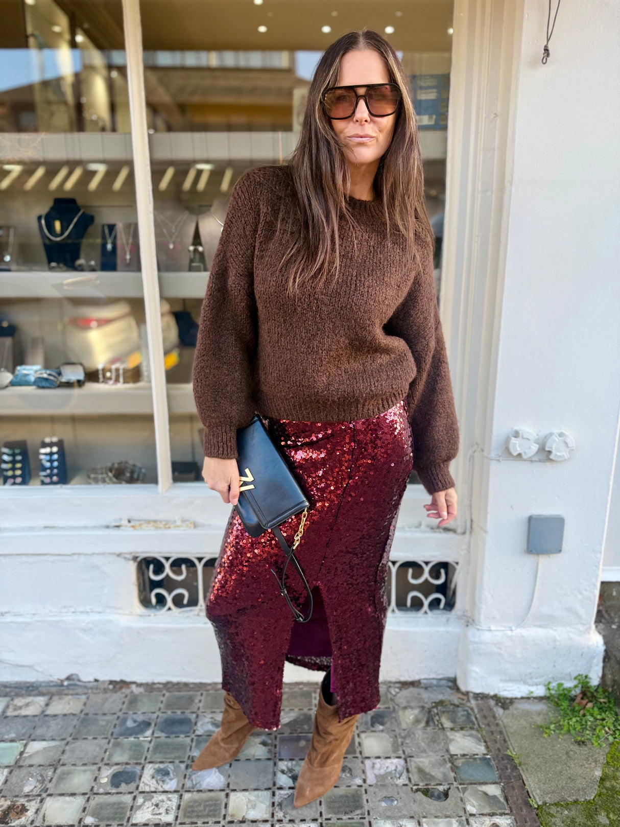 Mariah Sequin Midi Skirt - Cherry