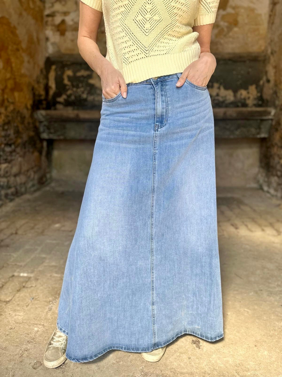 Crush Denim Maxi Skirt