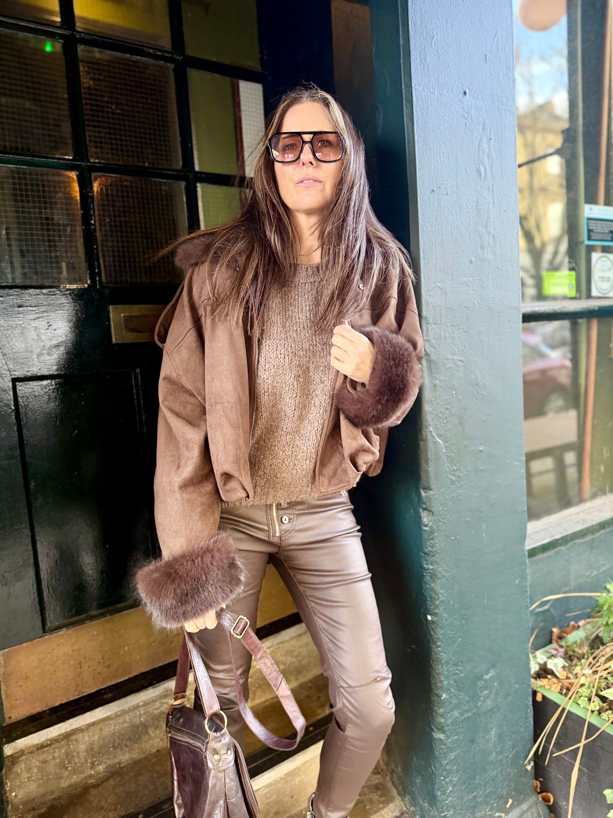 Shauna Faux Suede Bomber - Choc