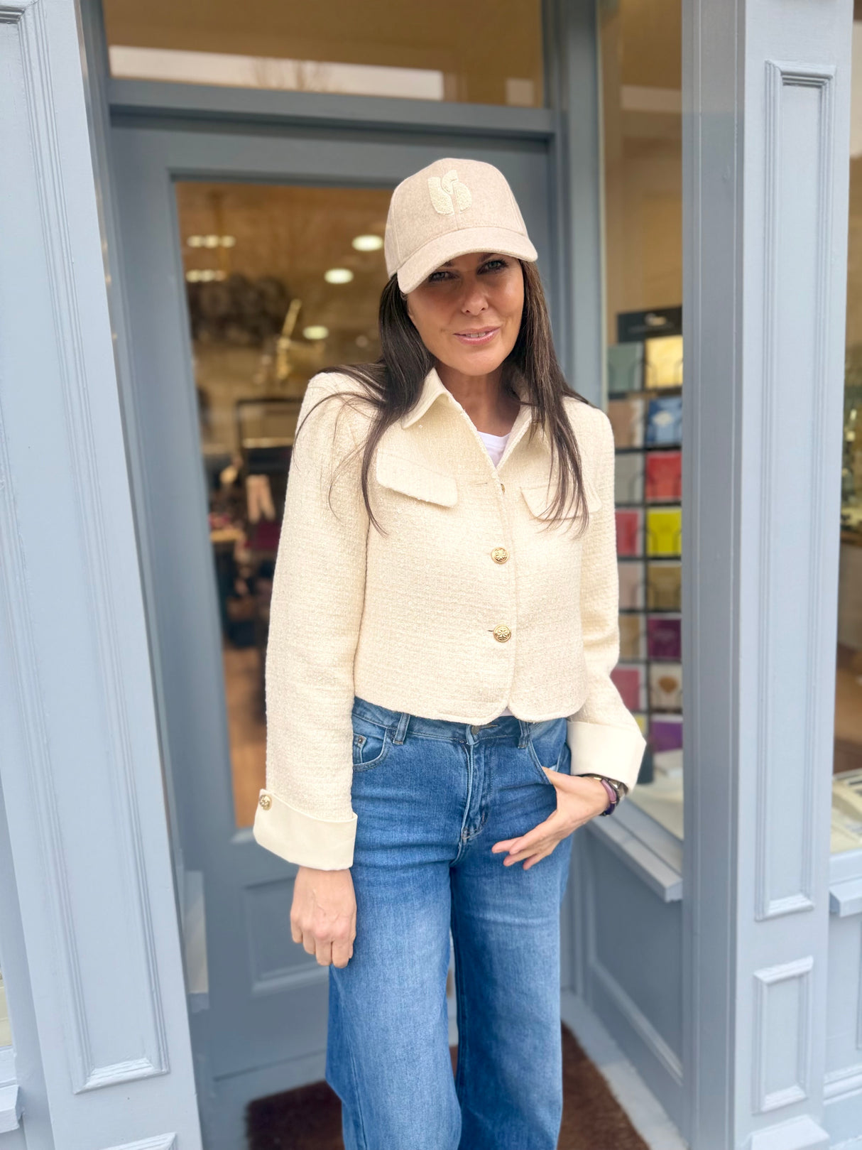 Verity Sequin Cropped Jacket - Ecru