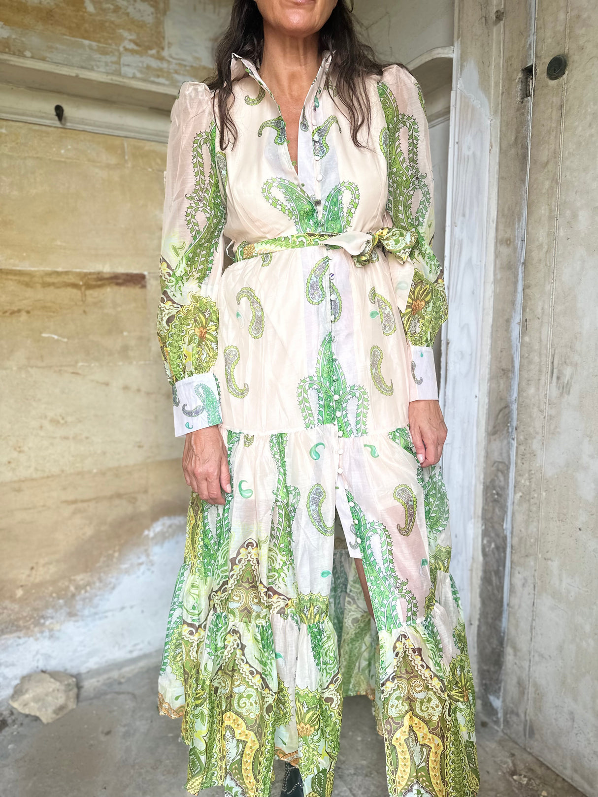 Bruges Floaty Maxi Dress - Cream/Green