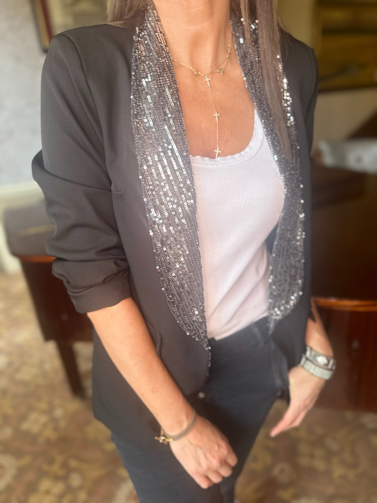 Chloe Sequin Lapel Blazer Black Silver