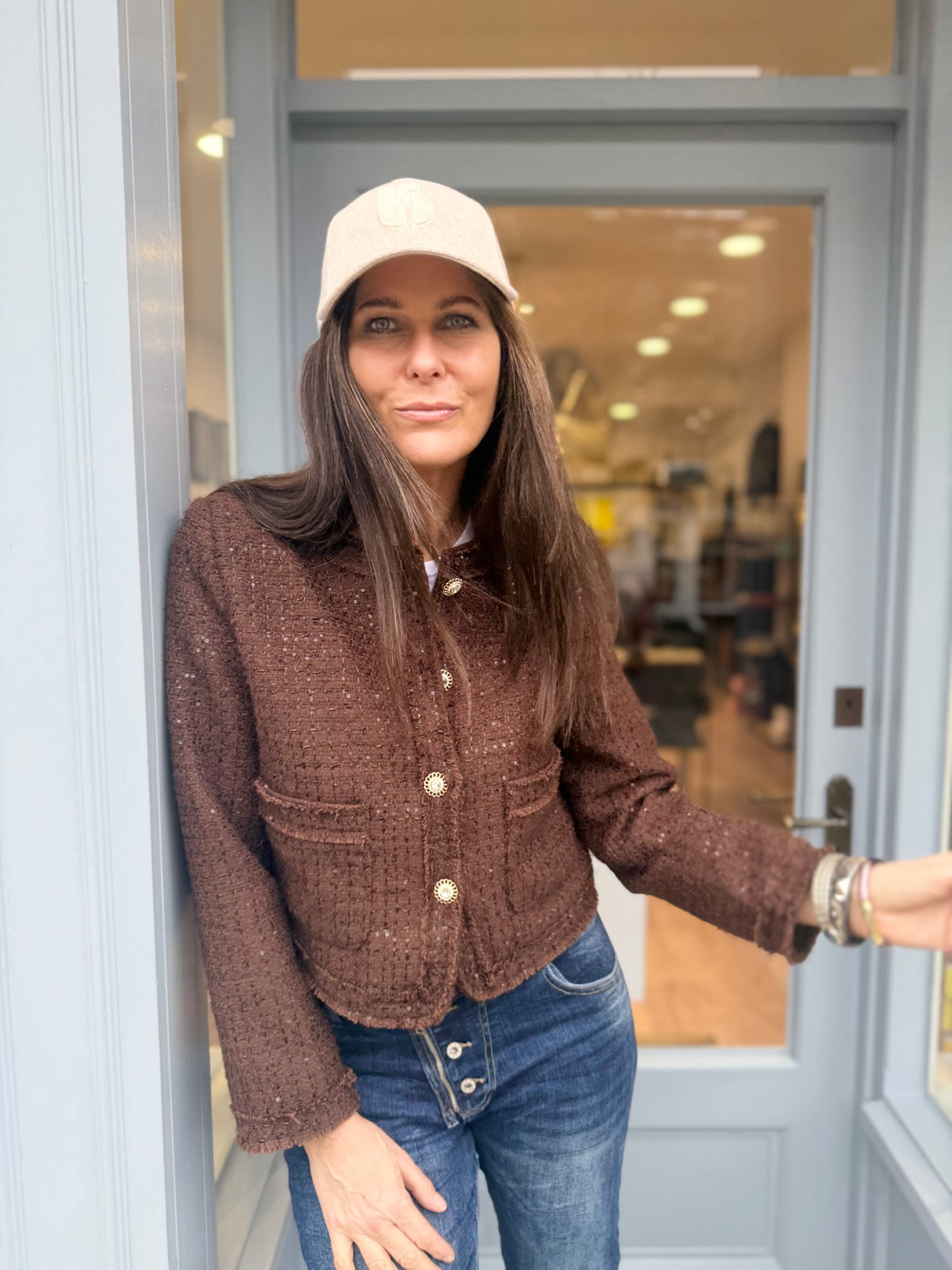 Cecile Cropped Tweed Jacket - Chocolate