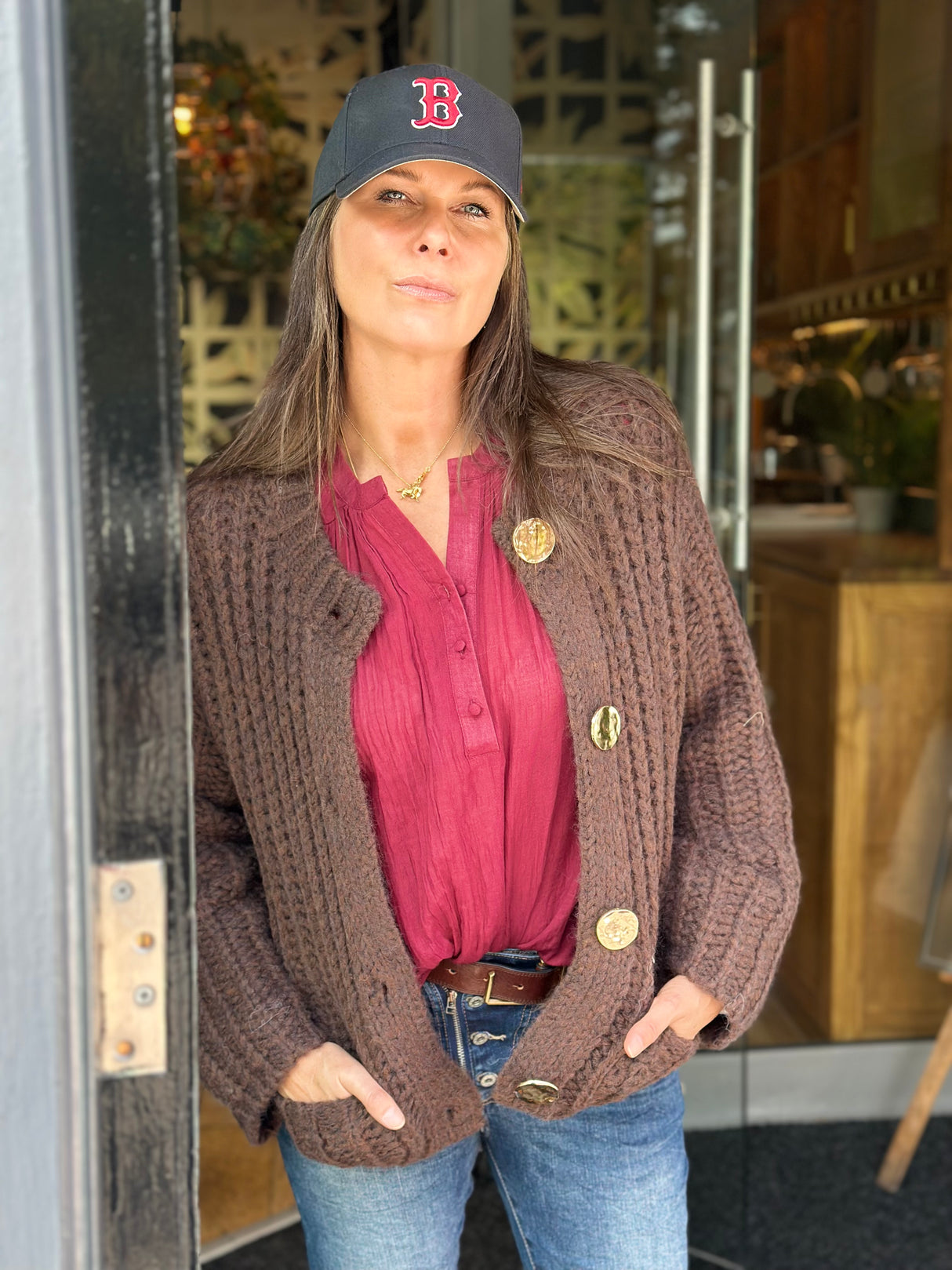 Saira Gold Button Cardigan - Chocolate