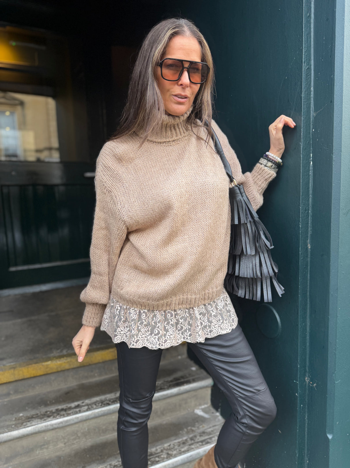 Arabella Lace Roll Neck Jumper - Biscuit