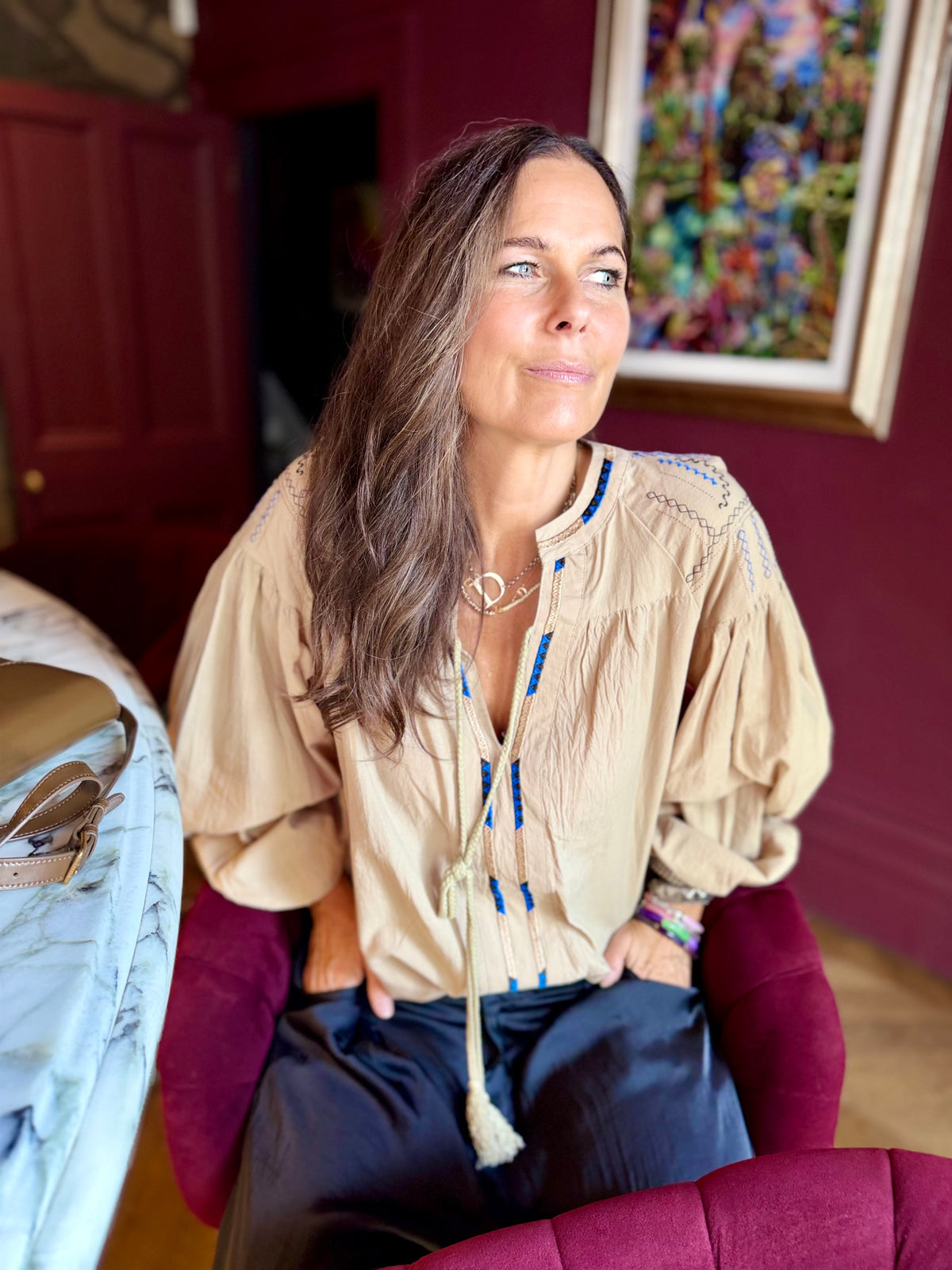 Citrine Blouse With Tassel - Beige