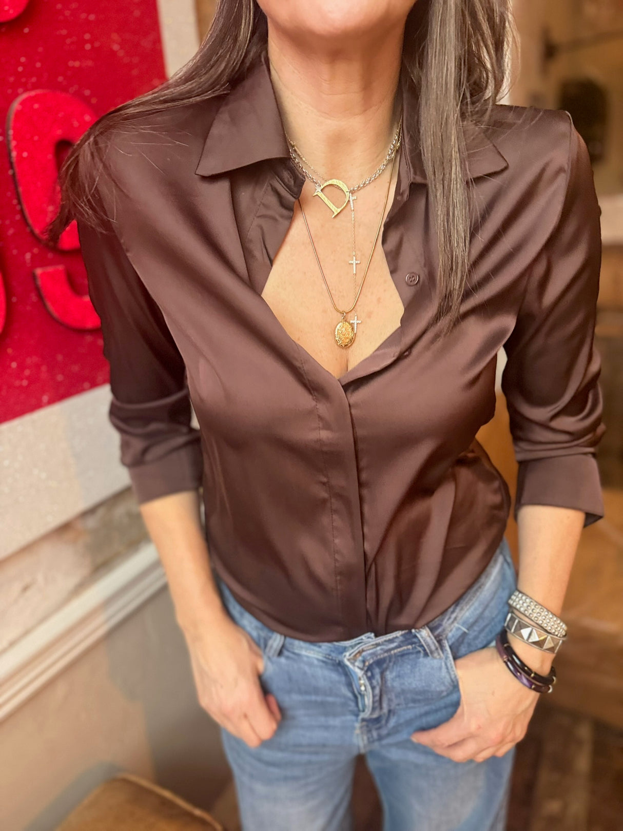 Camille Satin Shirt Chocolate