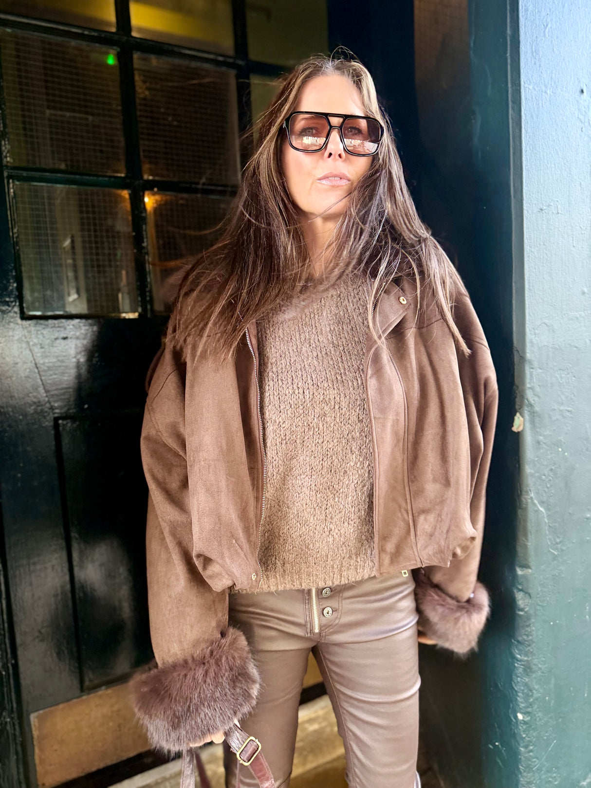 Shauna Faux Suede Bomber - Choc