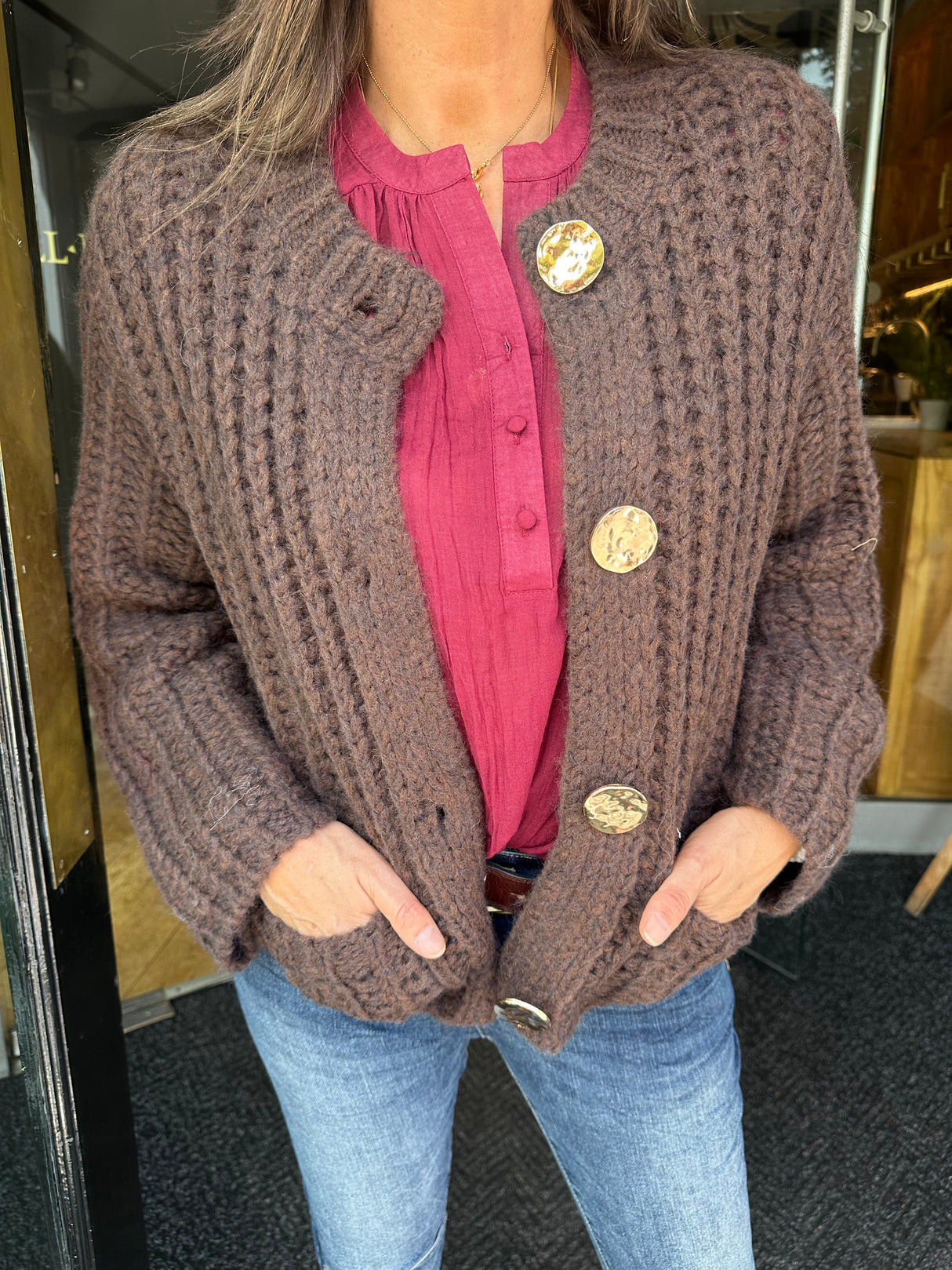 Saira Gold Button Cardigan - Chocolate