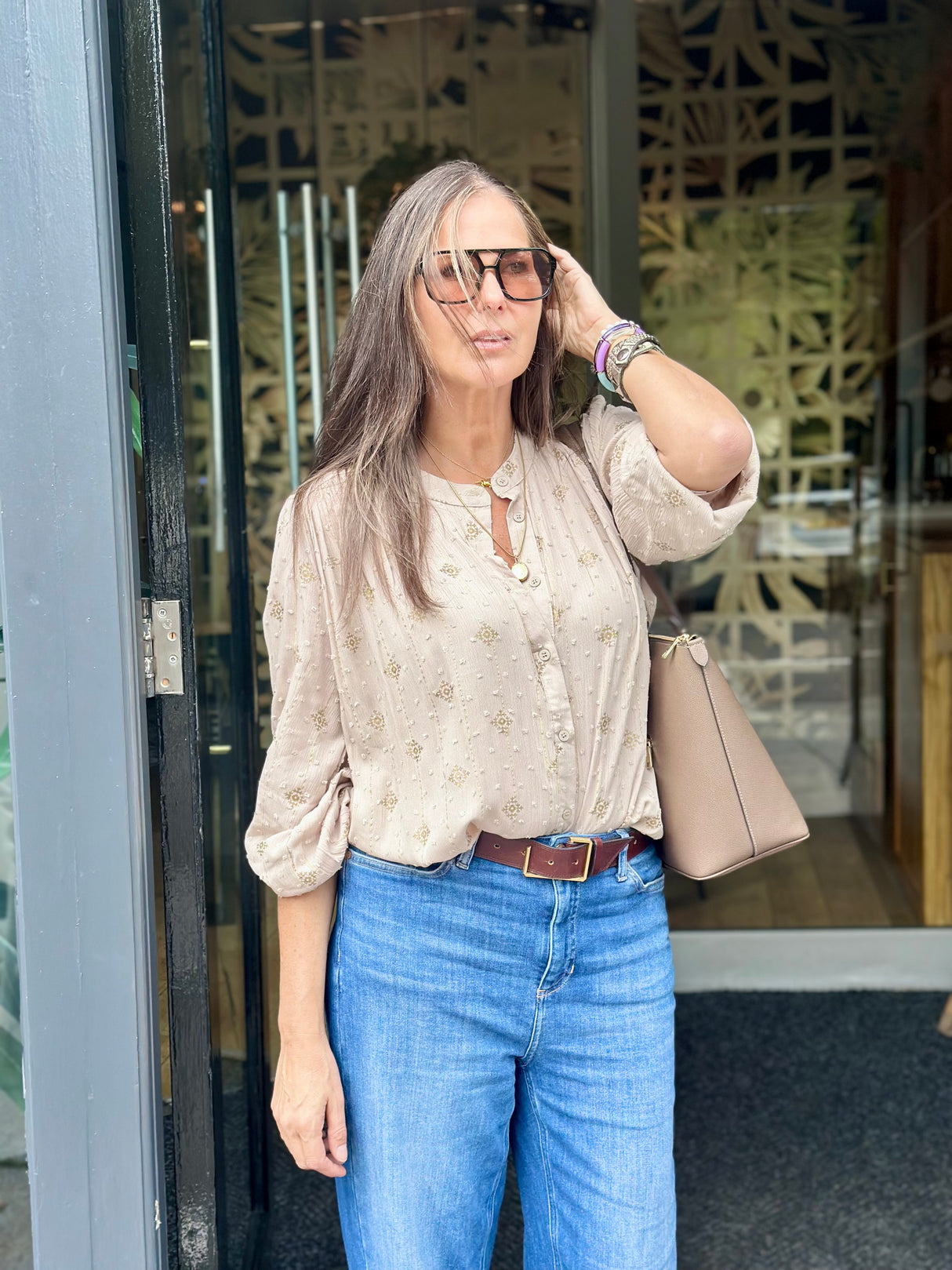 Greta Printed Blouse - Biscuit