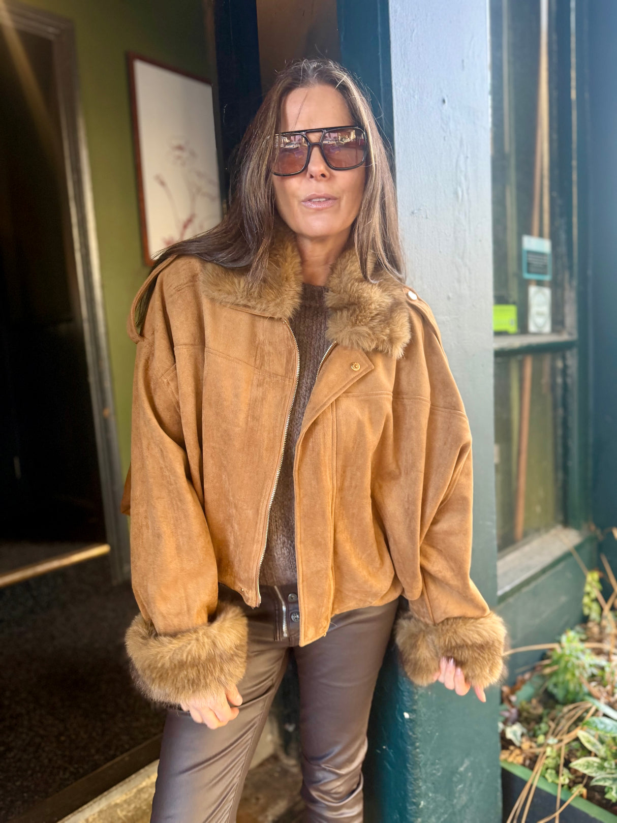 Shauna Faux Suede Bomber - Tan