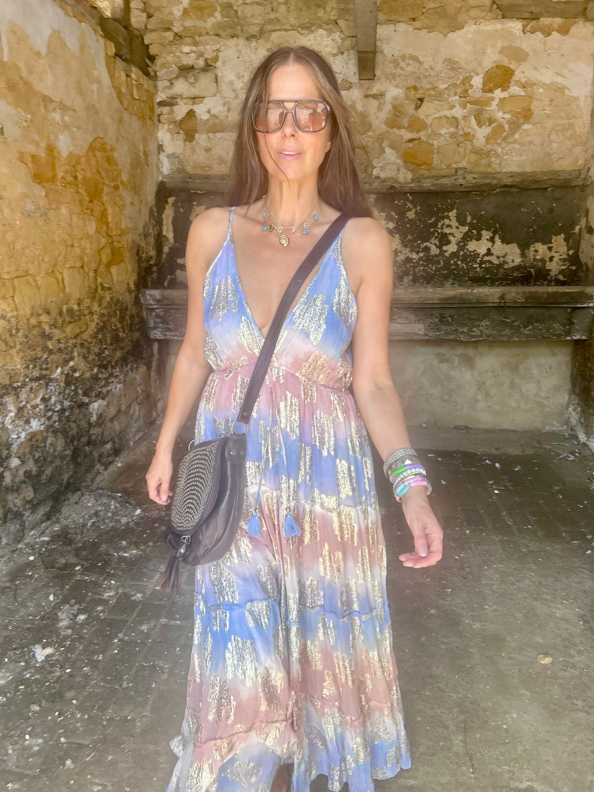 Crystal Metallic Maxi Dress - Blue