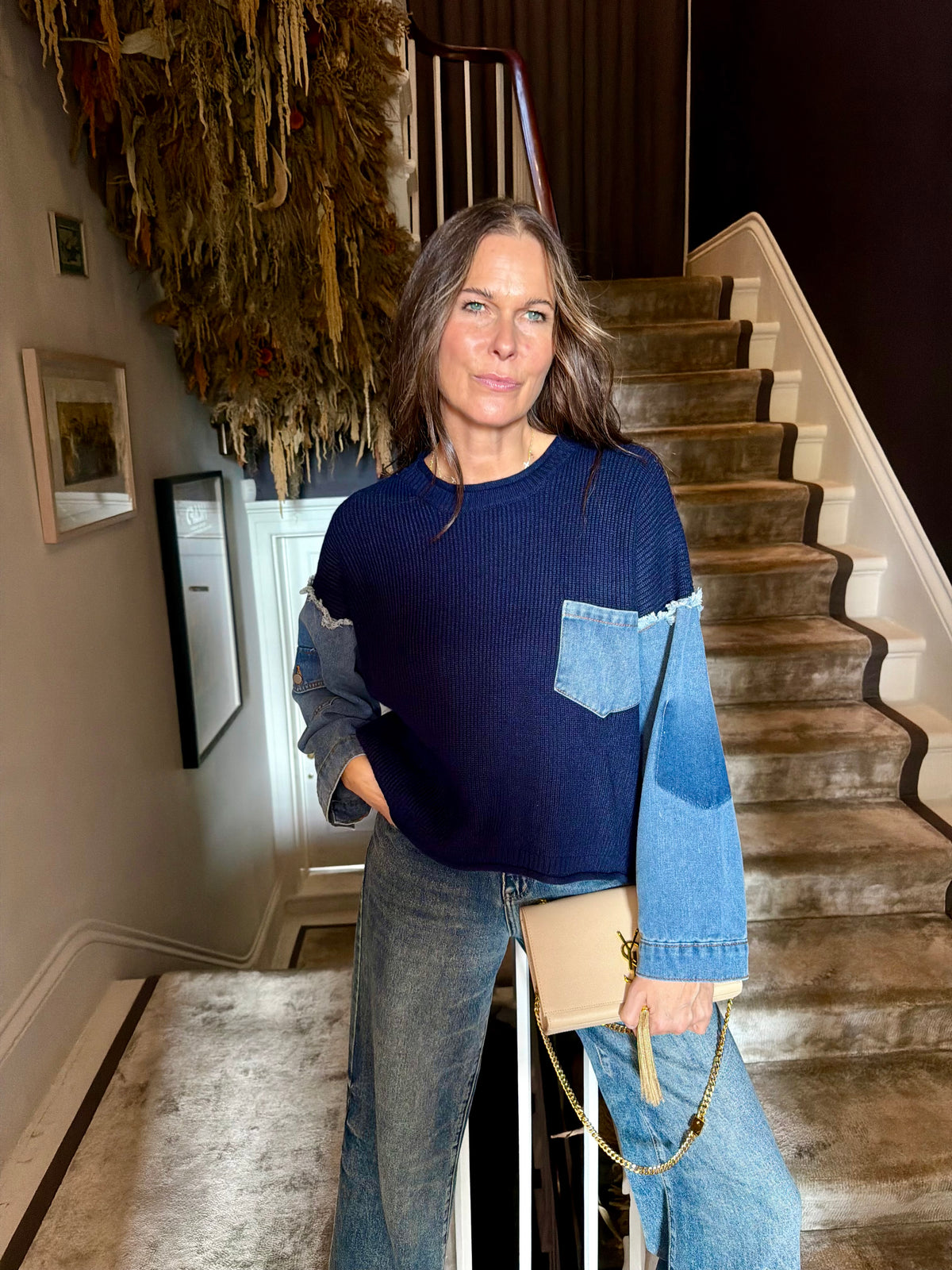 Bronte Knit With Denim Sleeve - Navy