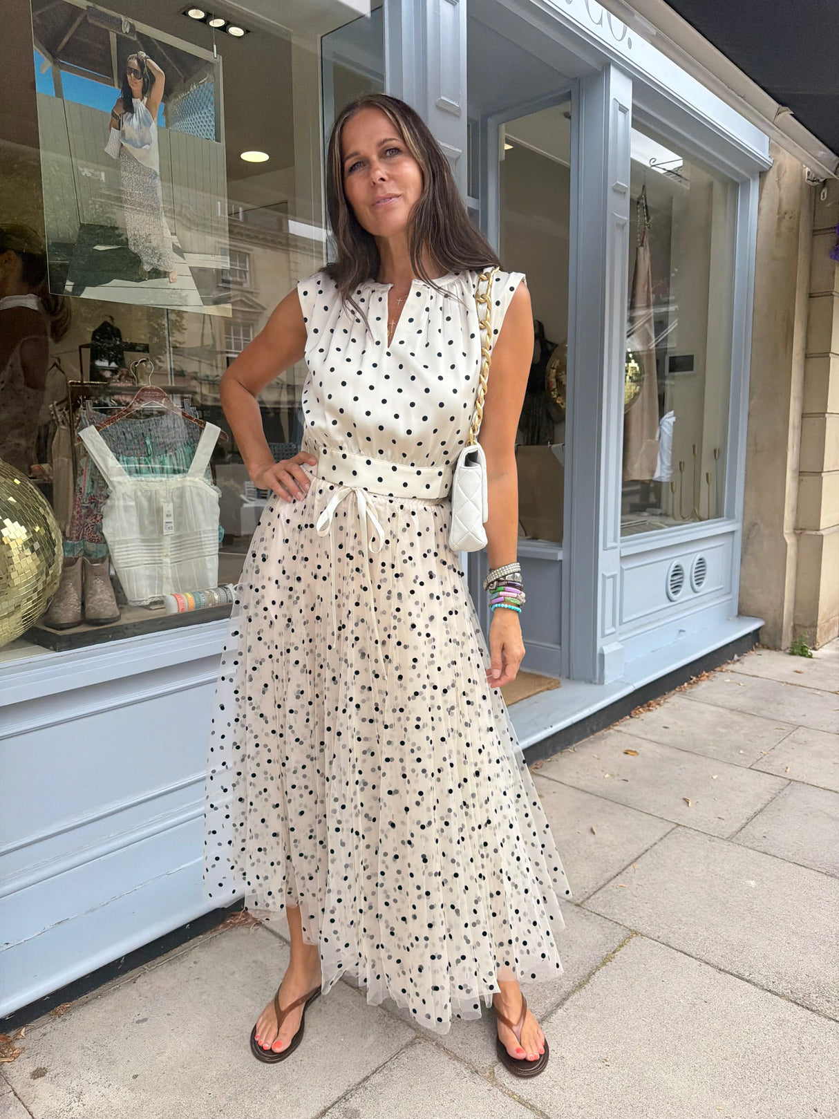 Polka Dot Tulle Midi Skirt - Cream
