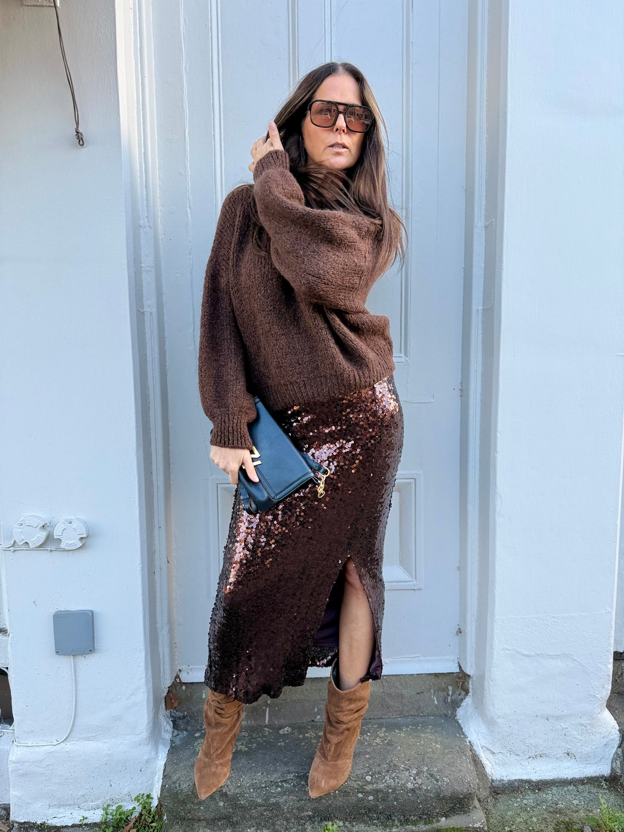 Mariah Sequin Midi Skirt - Chocolate