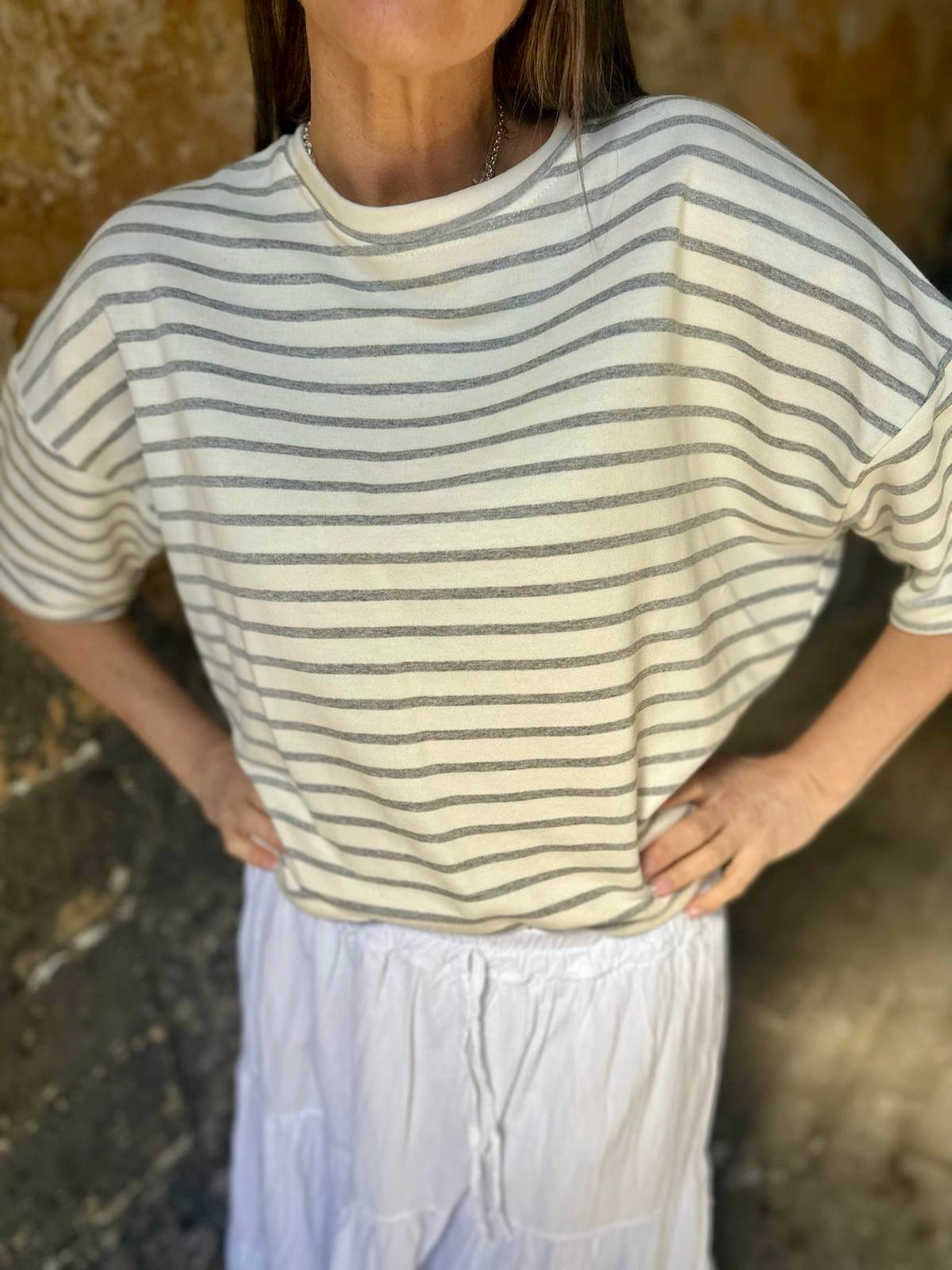 Lara Stripe Cotton Tee - Grey