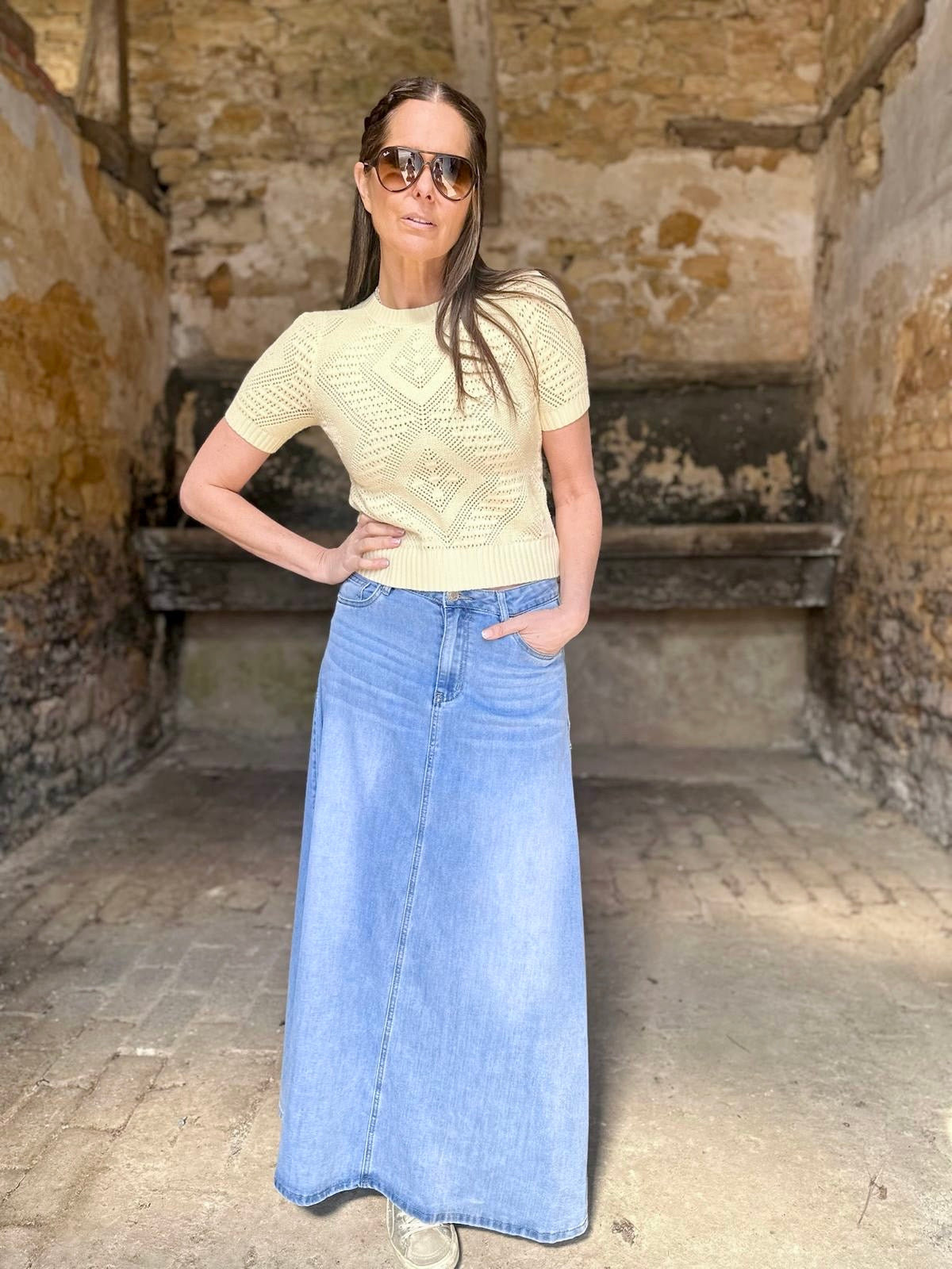 Crush Denim Maxi Skirt