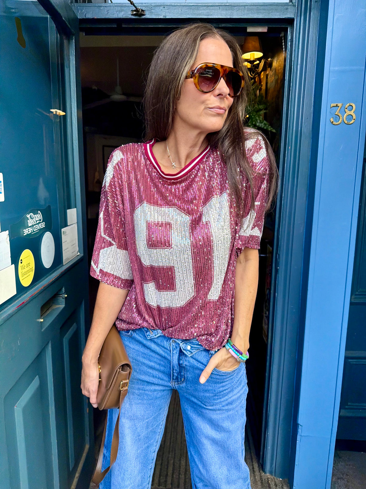 Sequin NFL Inspired Top - Burgundy