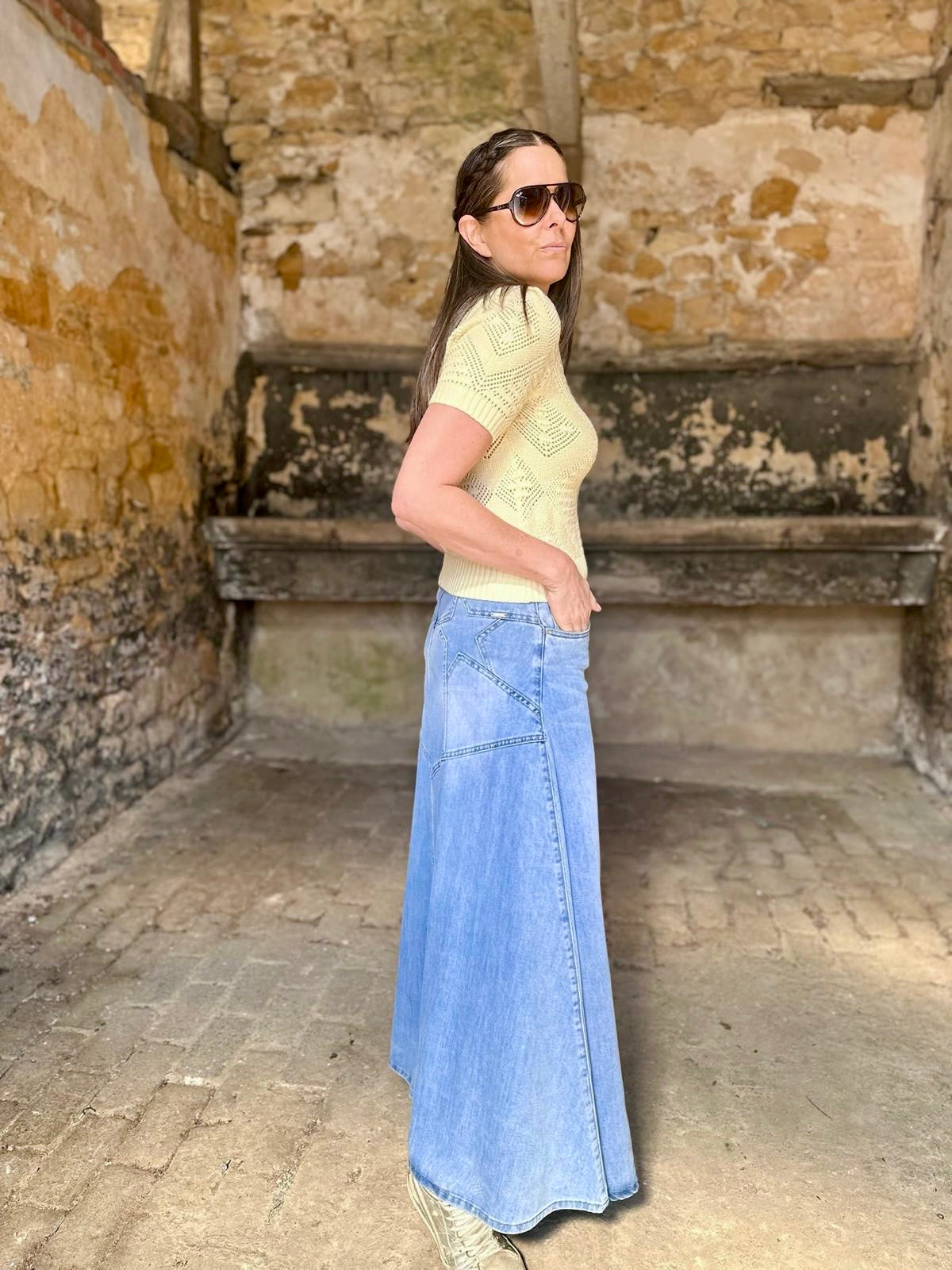 Crush Denim Maxi Skirt