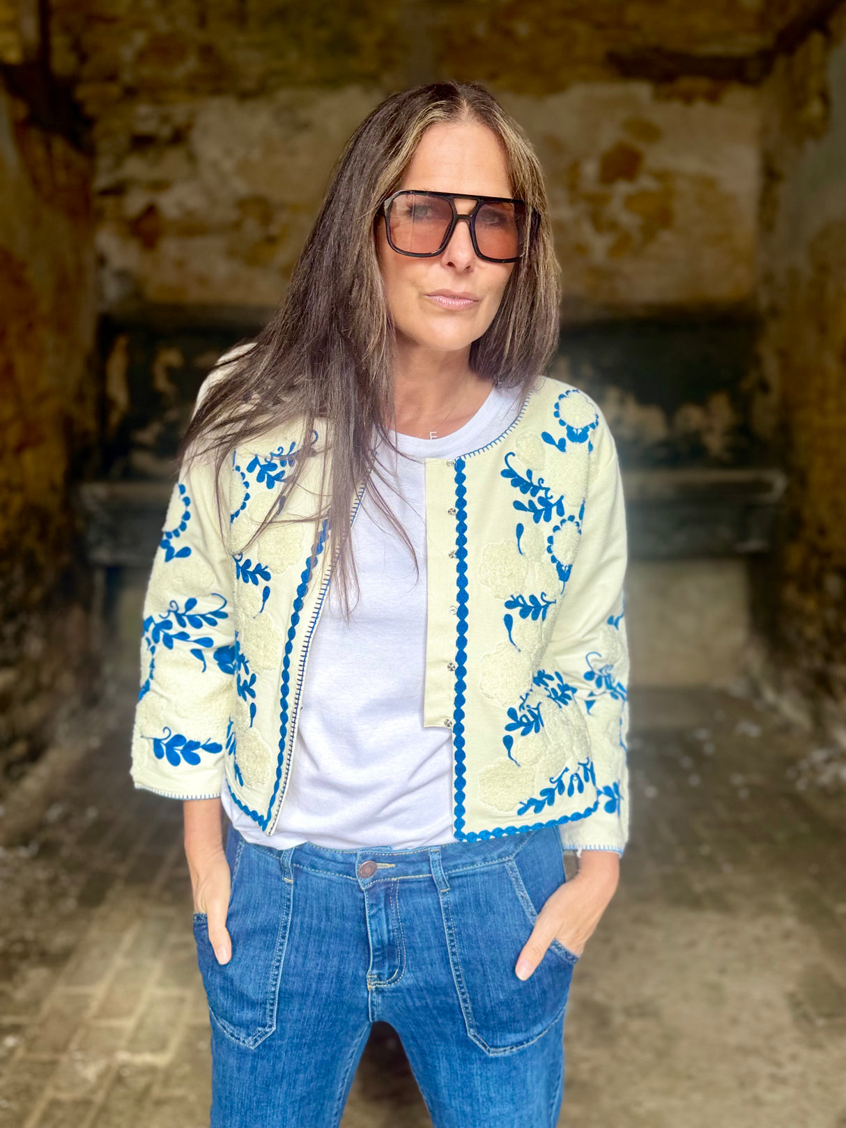 Imy Embroidered Cropped Jacket - Blue