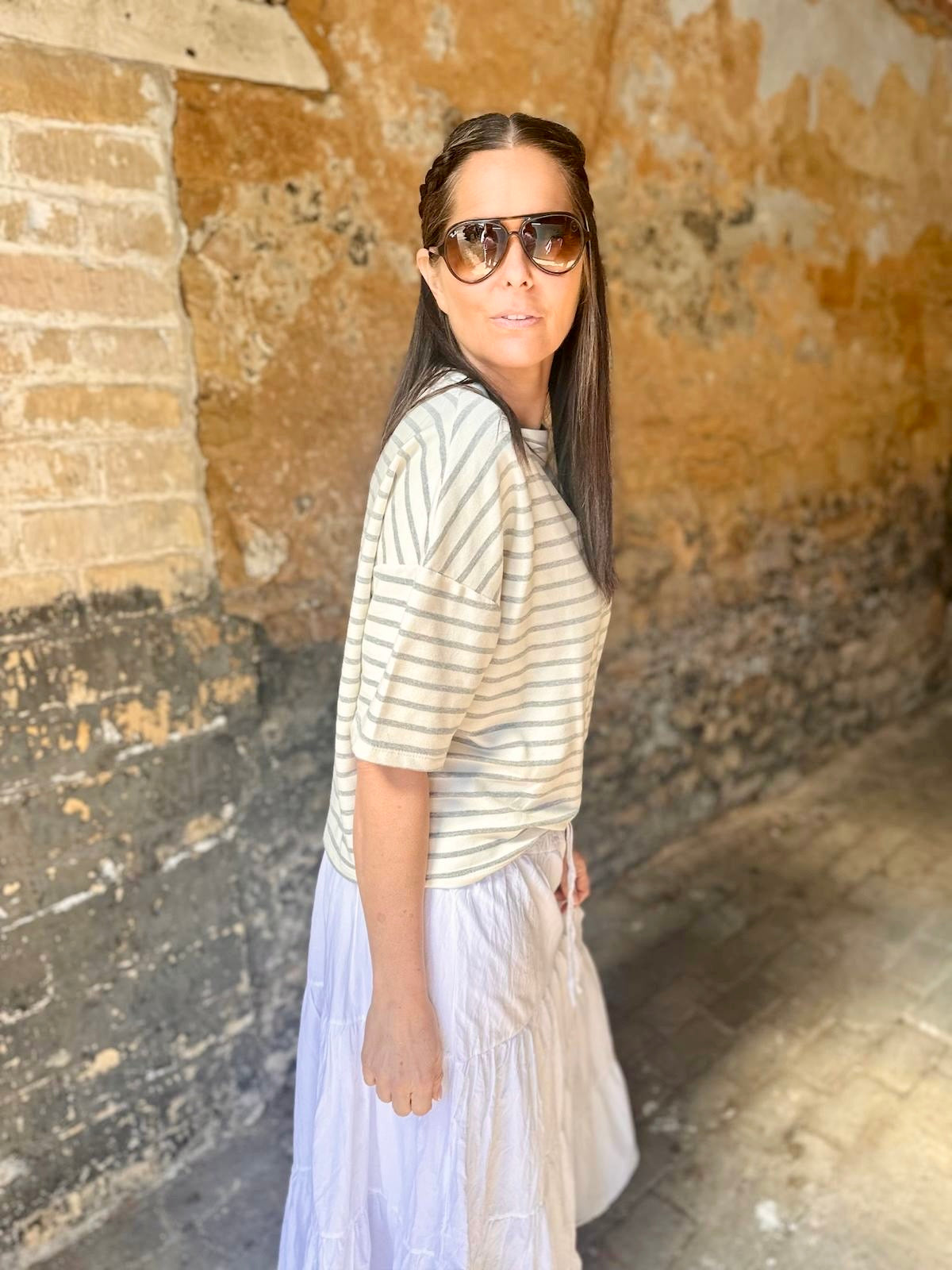 Lara Stripe Cotton Tee - Grey