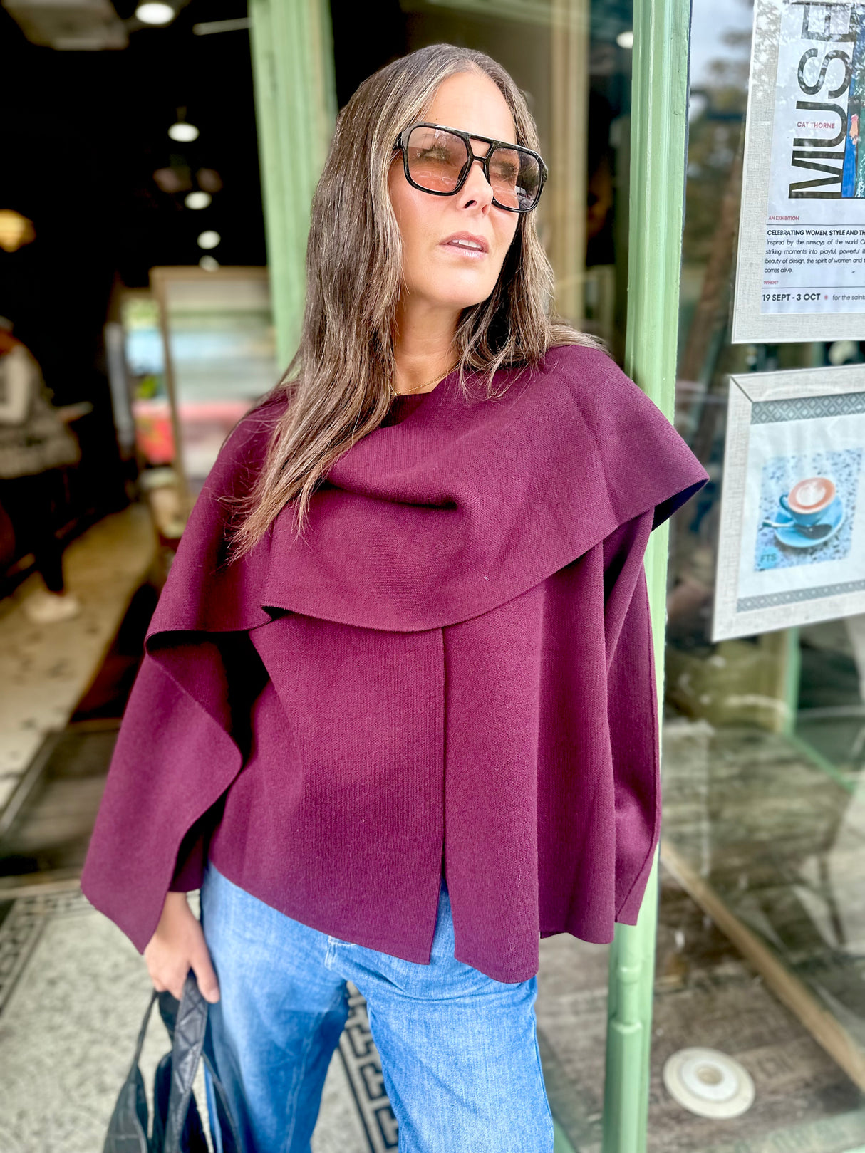 Fliss Knitted Cape with Scarf - Cherry