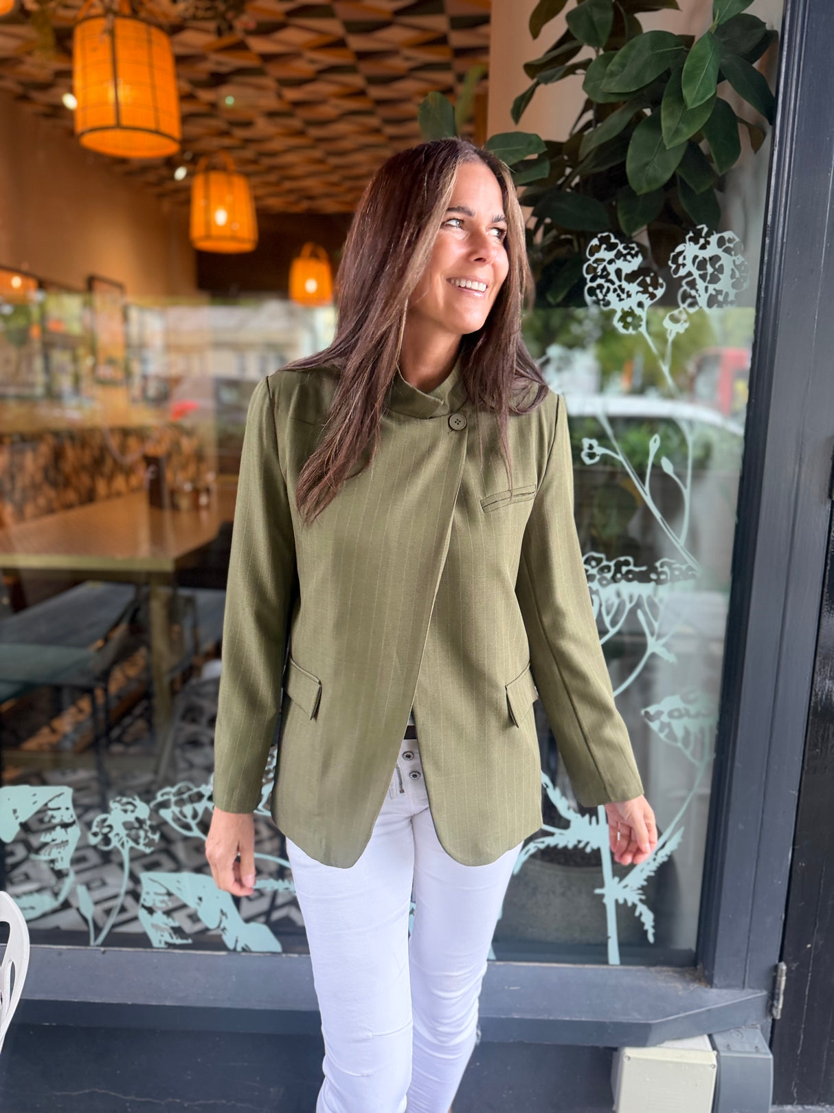 Pinstripe Funnel Neck Blazer - Green