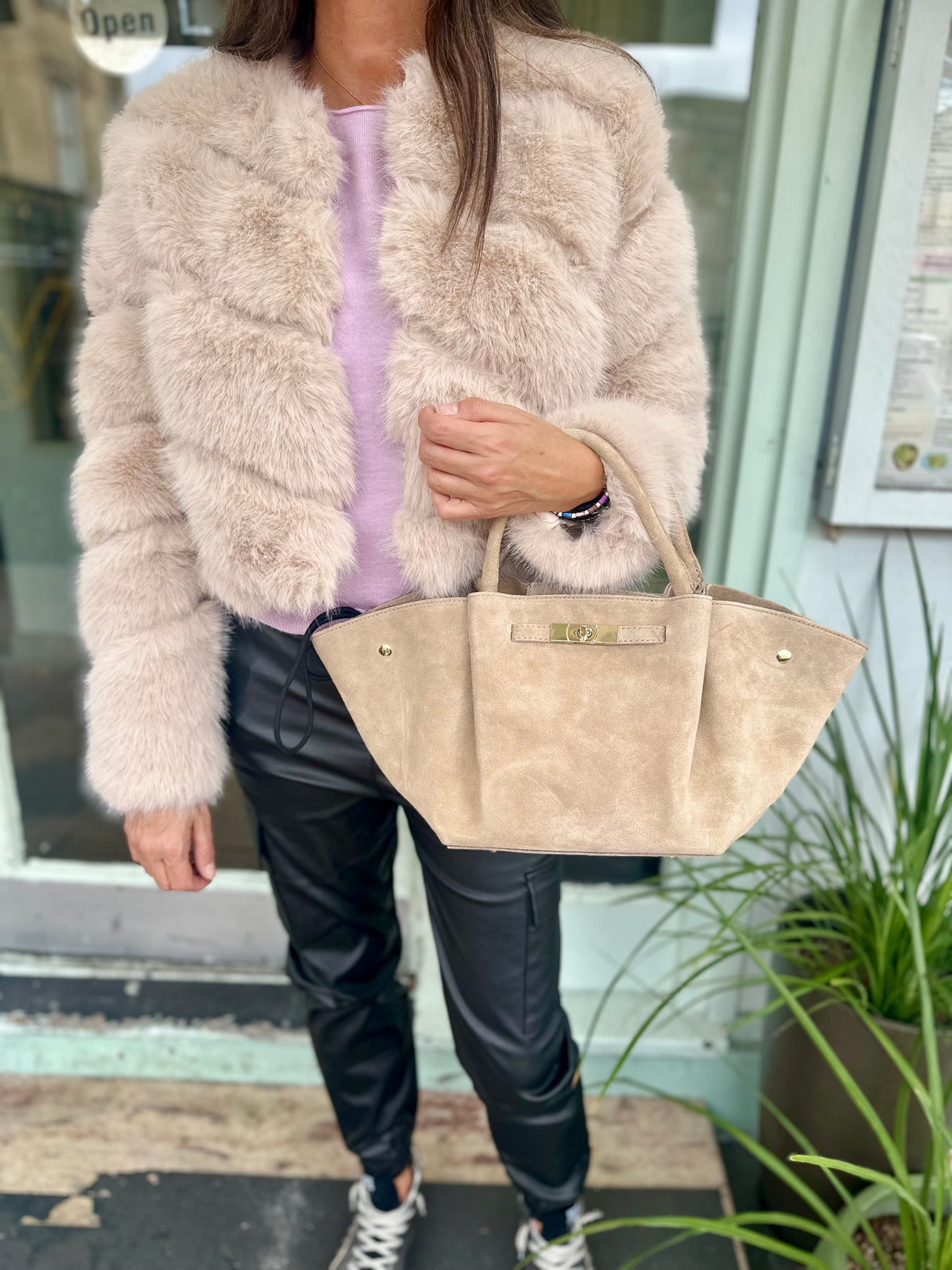 Melli Suede Leather Bag - Stone