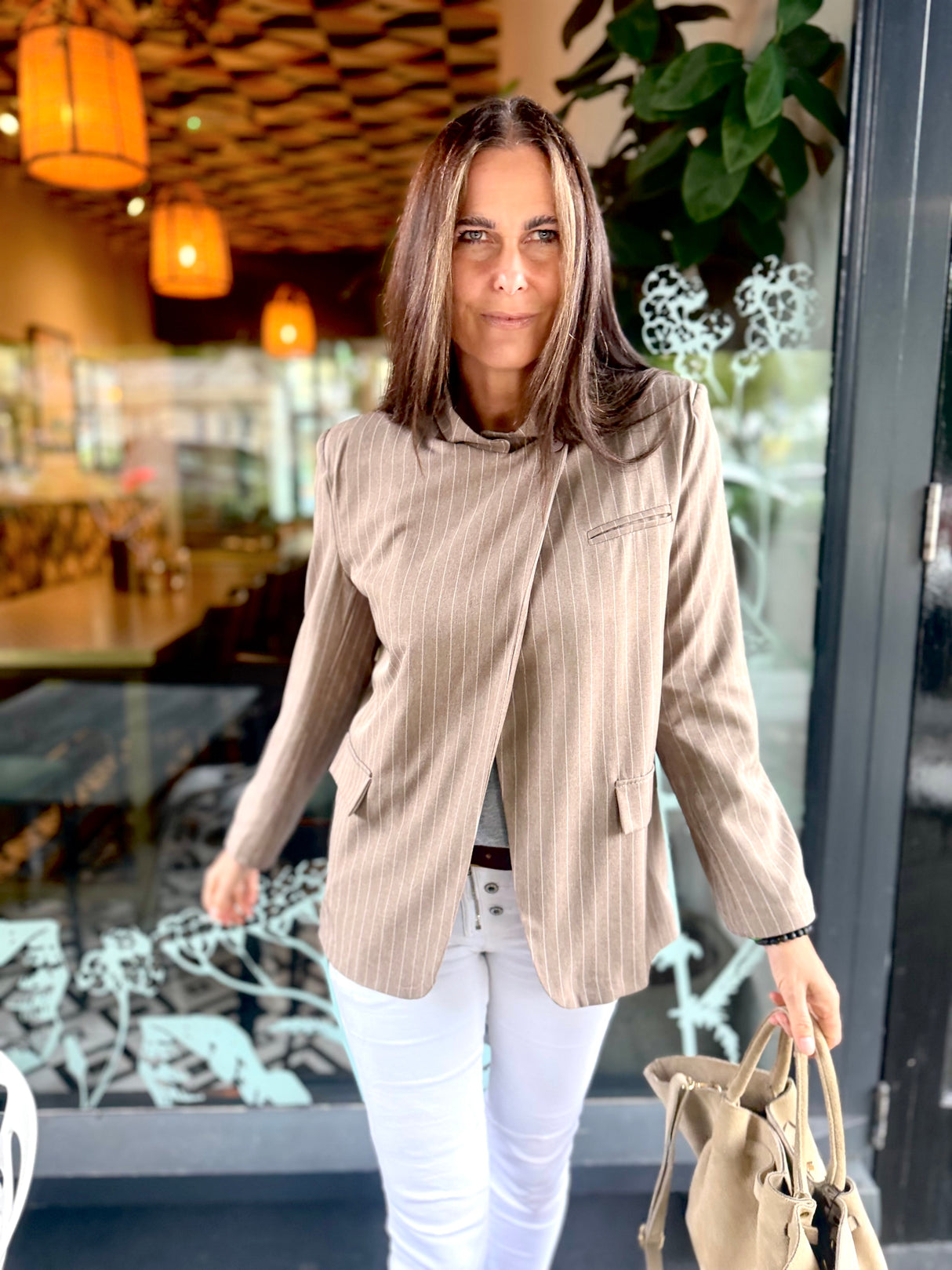 Pinstripe Funnel Neck Blazer - Biscuit