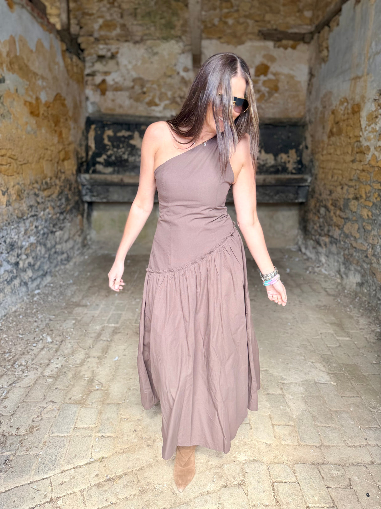 Louise One Shoulder Dress - Chocolate