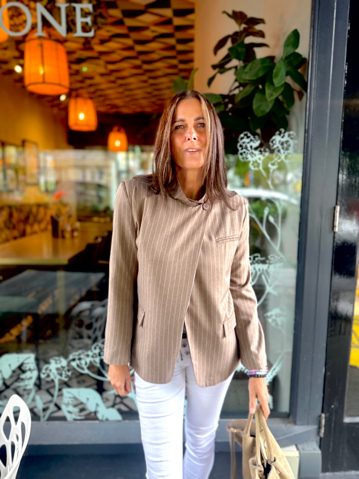 Pinstripe Funnel Neck Blazer - Biscuit