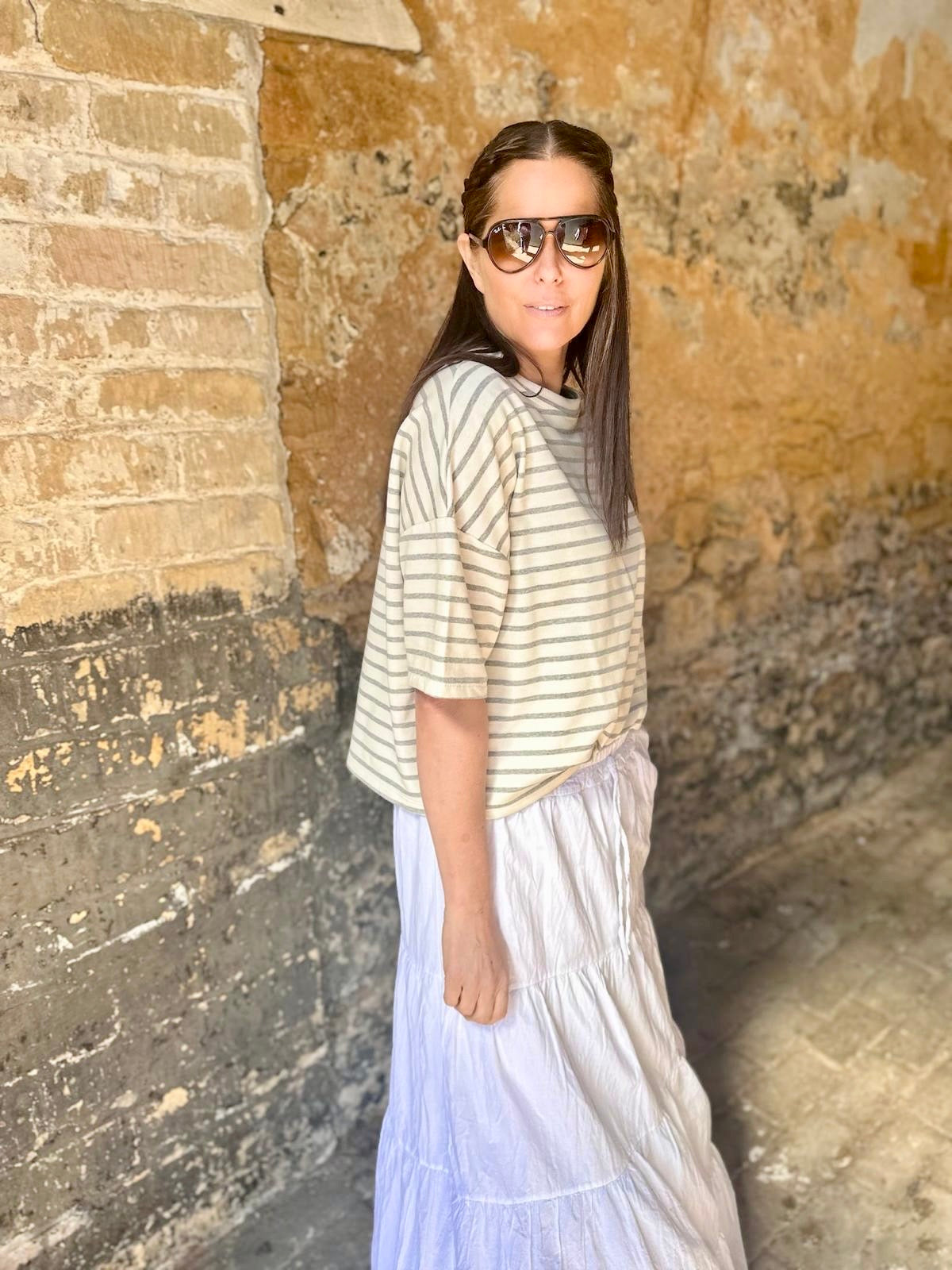 Lara Stripe Cotton Tee - Grey