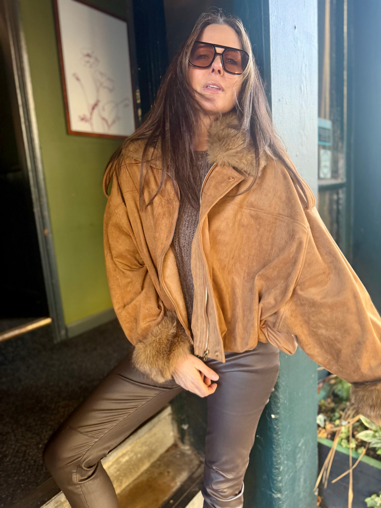 Shauna Faux Suede Bomber - Tan