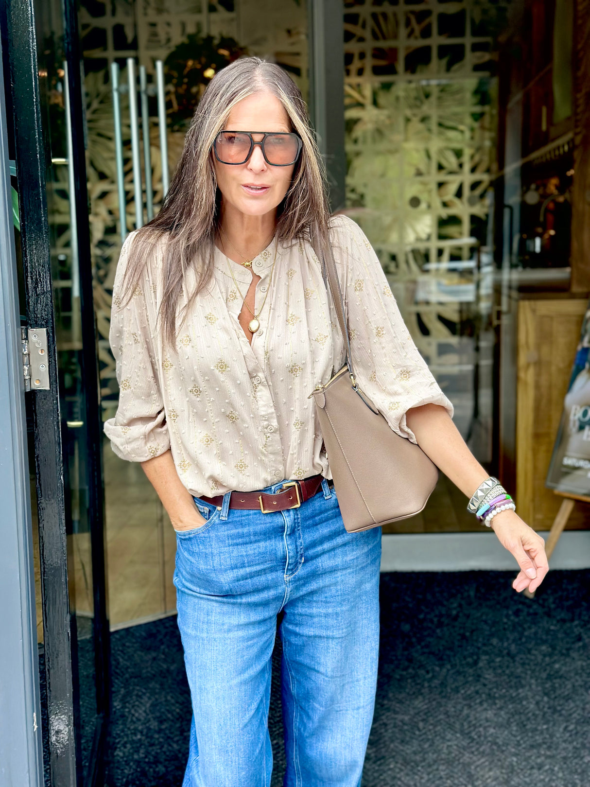 Greta Printed Blouse - Biscuit