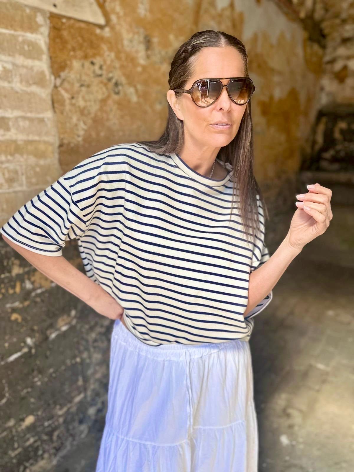 Lara Stripe Cotton Tee - Navy