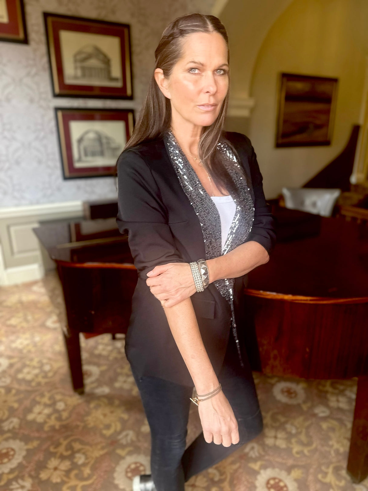 Chloe Sequin Lapel Blazer Black Silver