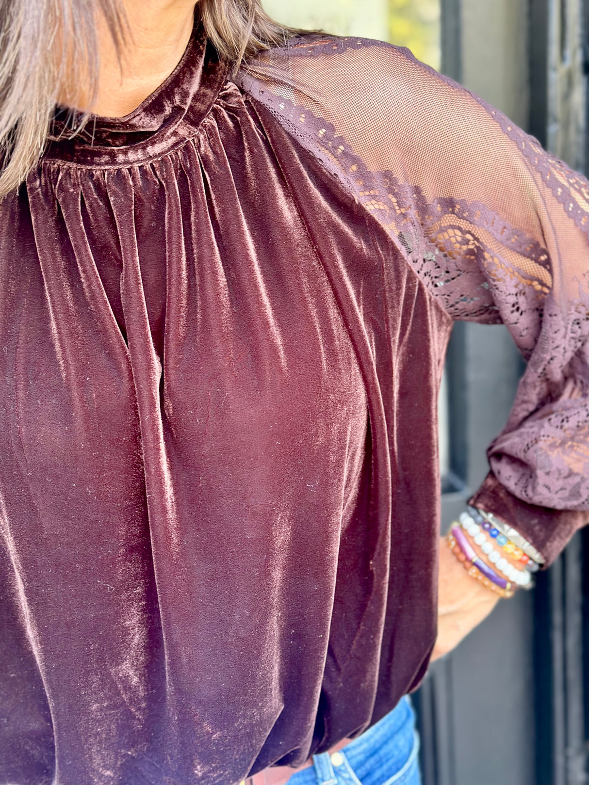 Rory Lace Sleeve Top - Chocolate