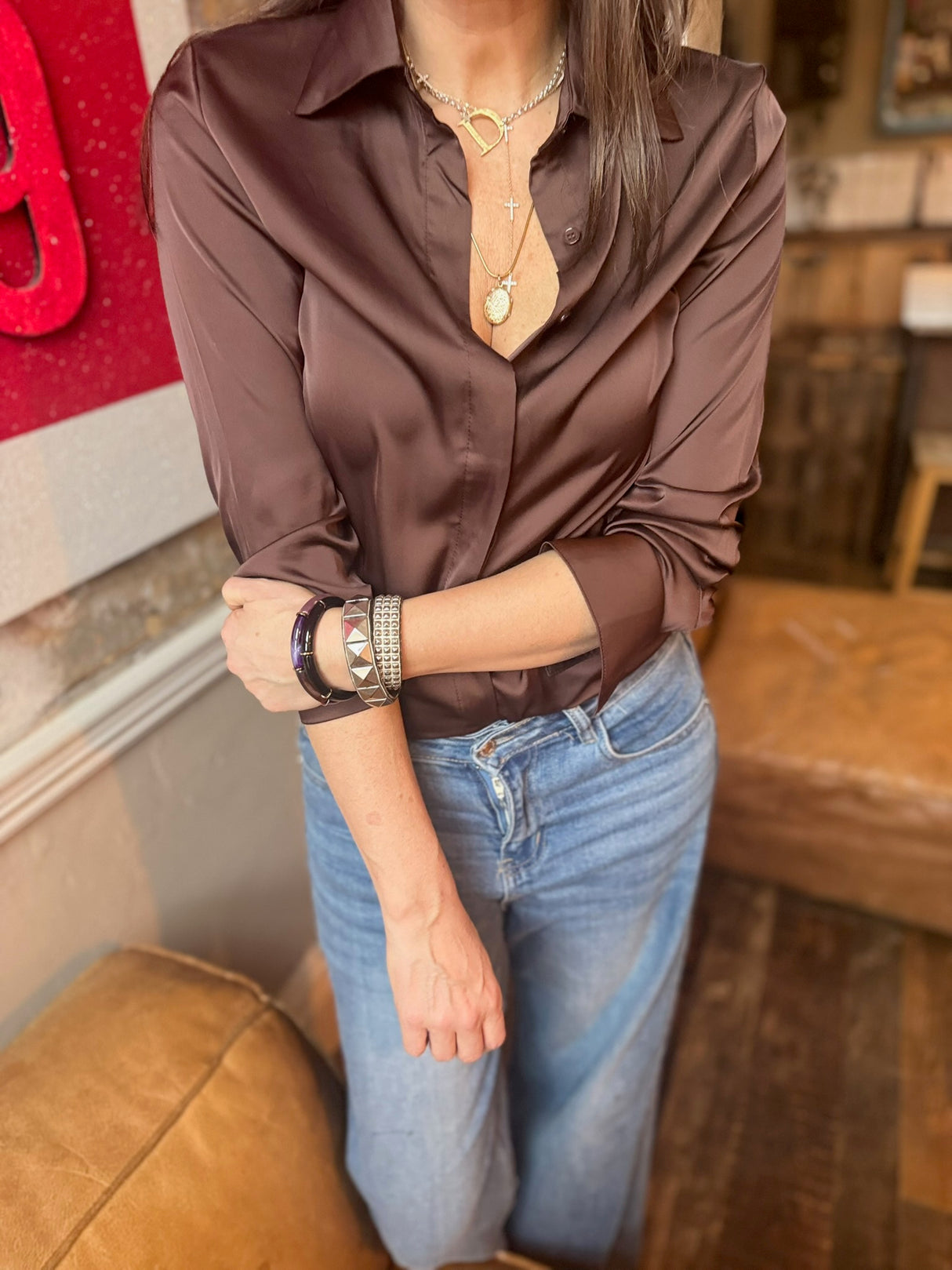 Camille Satin Shirt Chocolate