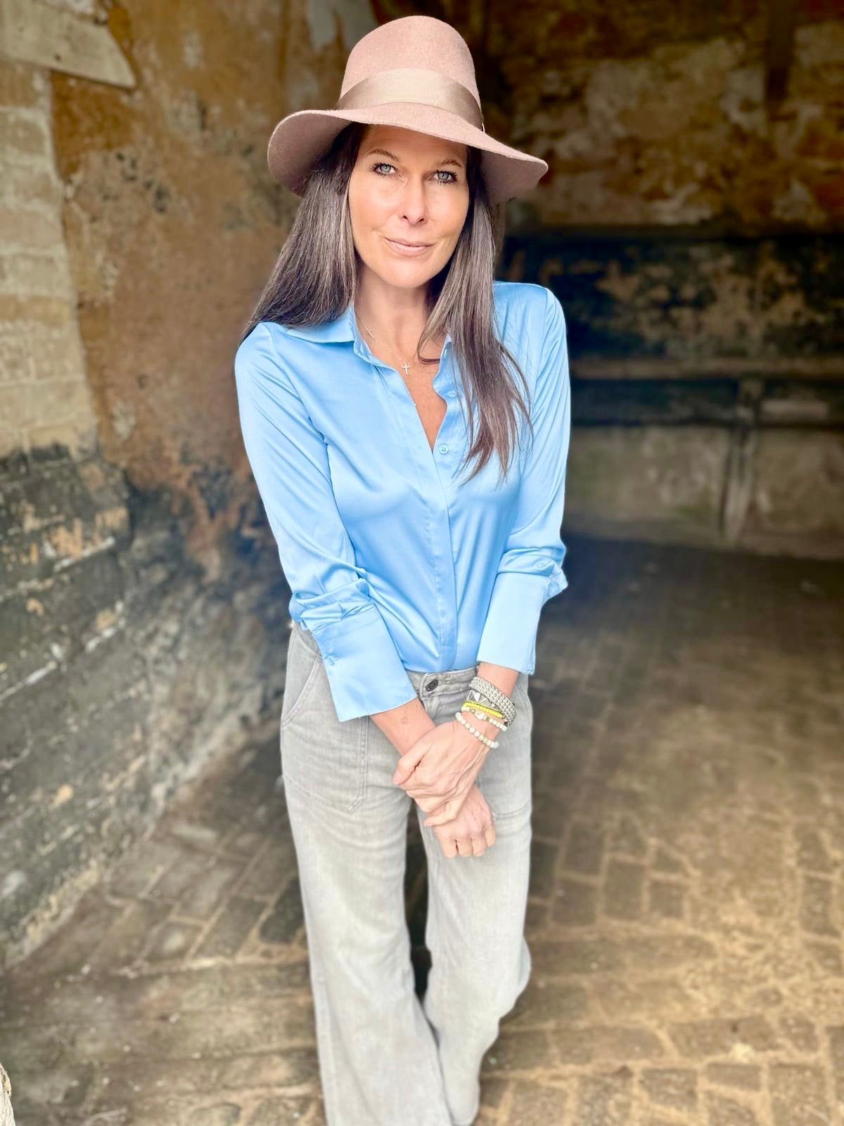 Camille Satin Shirt Sky