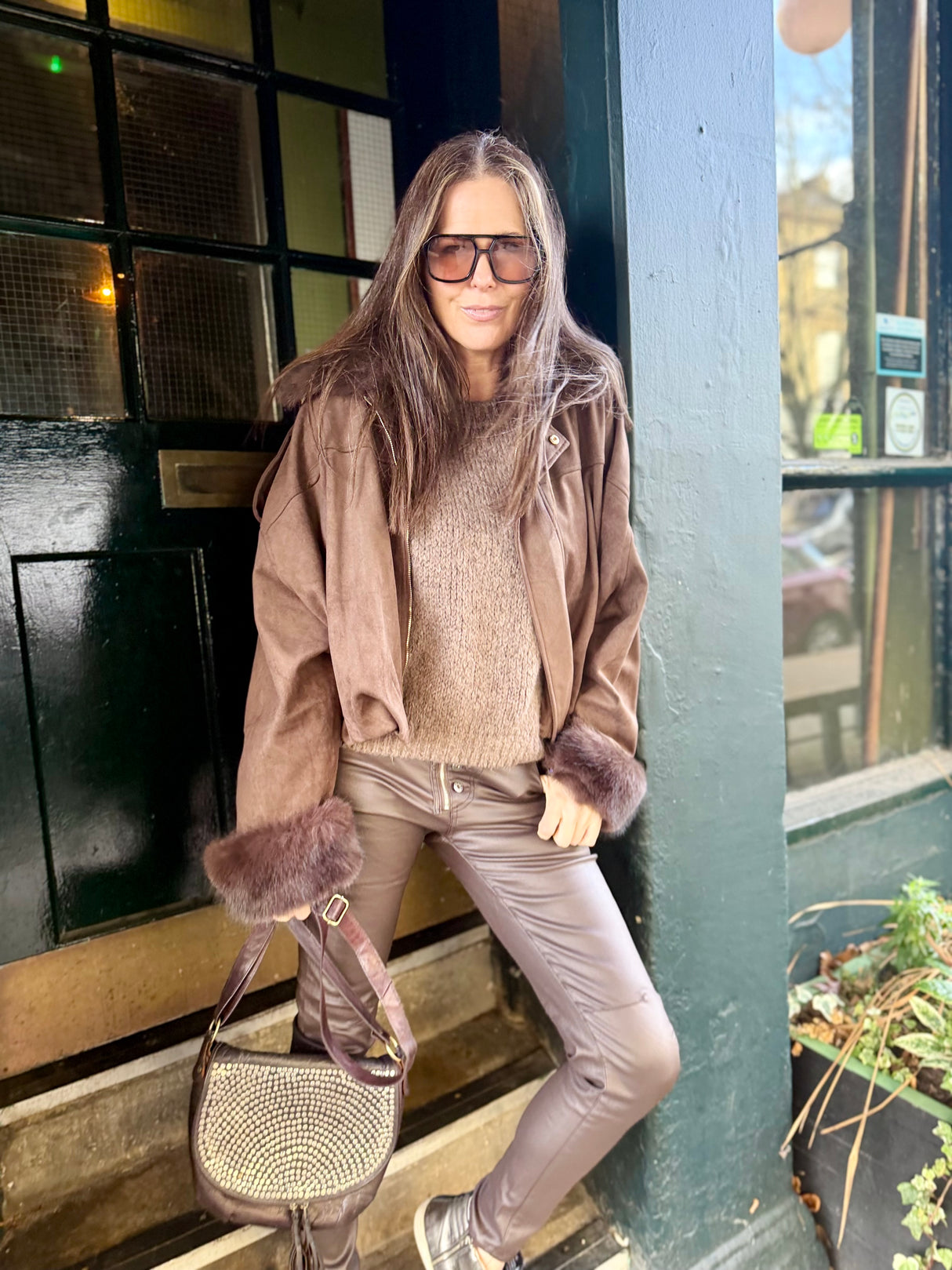 Shauna Faux Suede Bomber - Choc