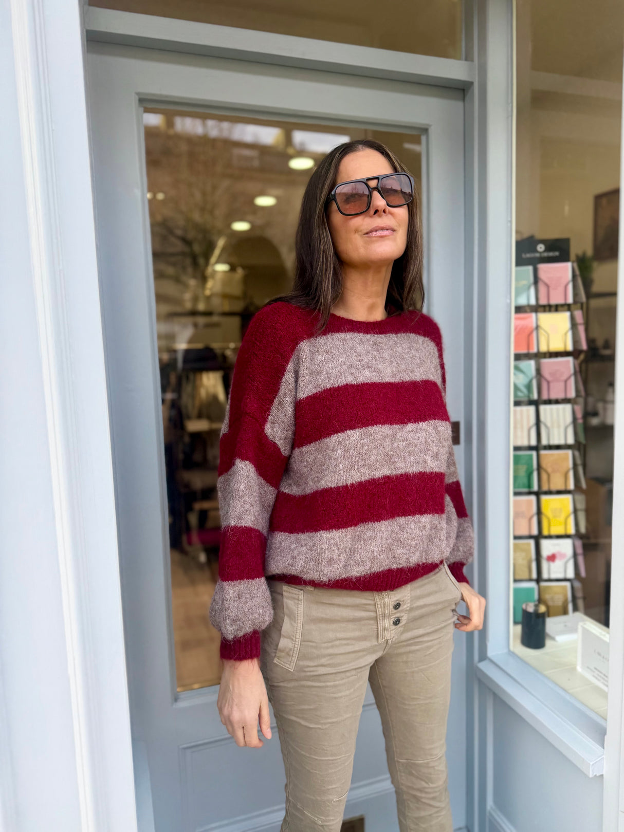 Evelyn Stripe Crew - Burgundy/Taupe