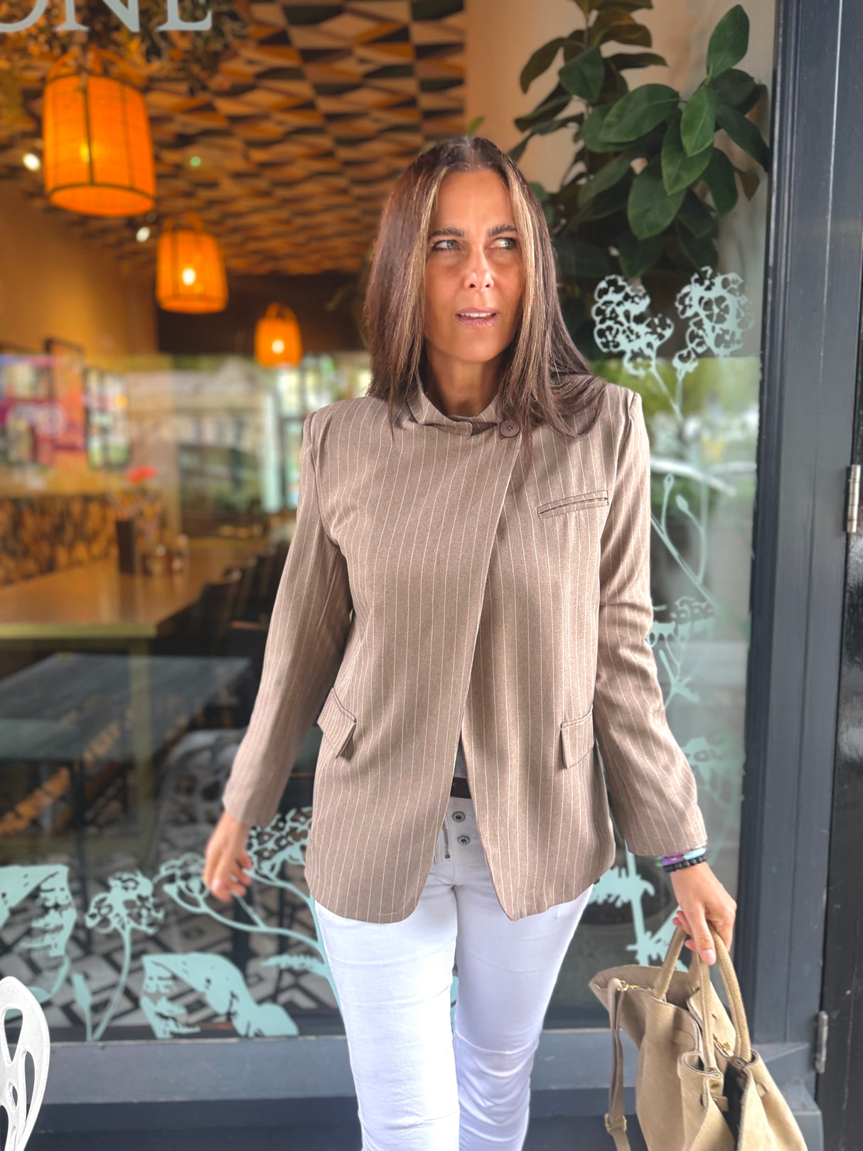 Pinstripe Funnel Neck Blazer - Biscuit