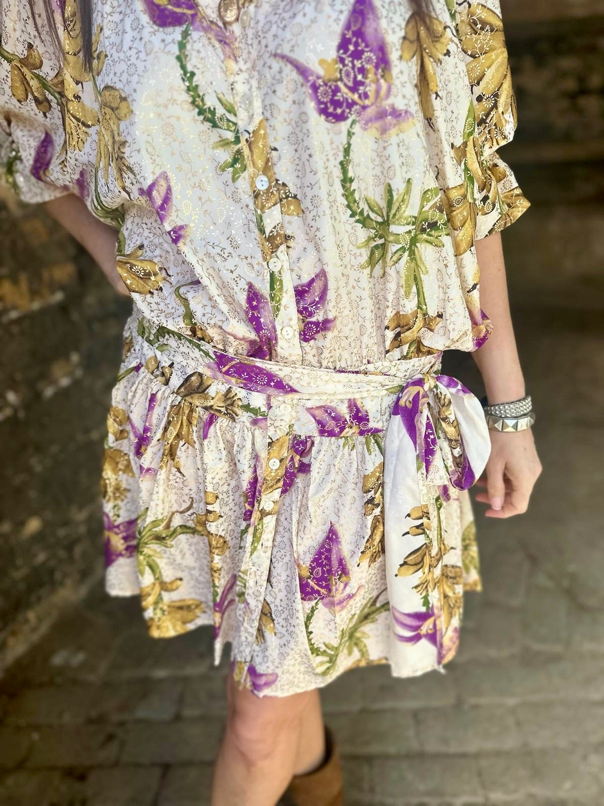 Clarissa Printed Dress - Cream/Purple