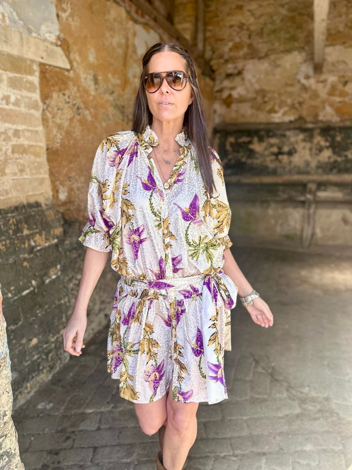 Clarissa Printed Dress - Cream/Purple