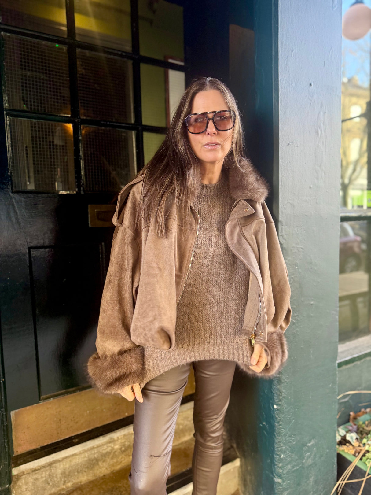 Shauna Faux Suede Bomber - Choc