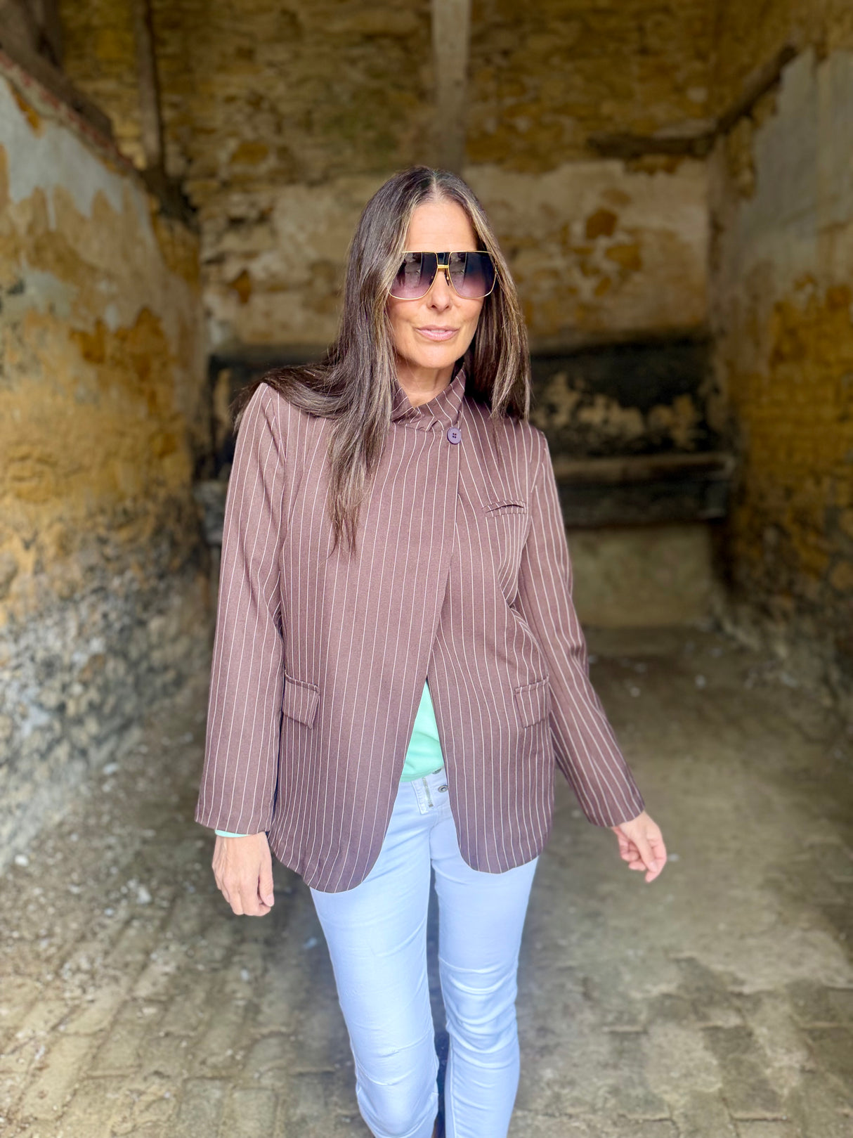 Pinstripe Funnel Neck Blazer - Chocolate