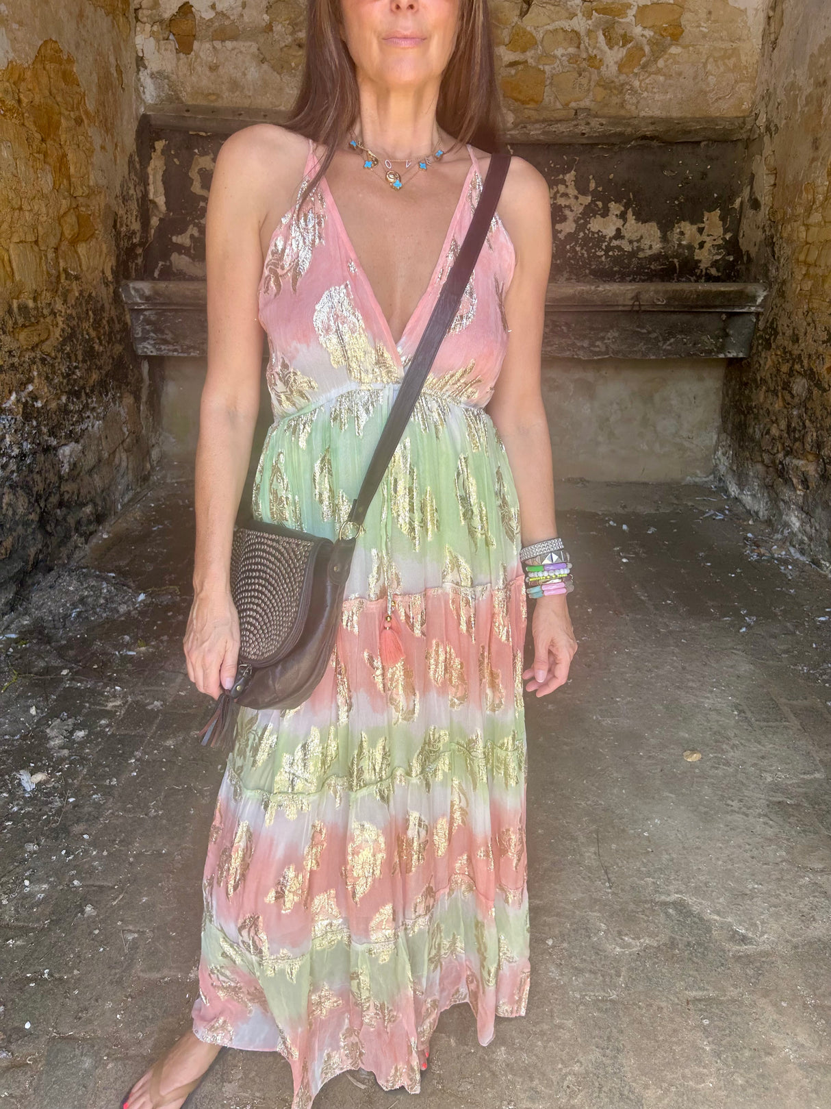 Crystal Metallic Maxi Dress - Orange