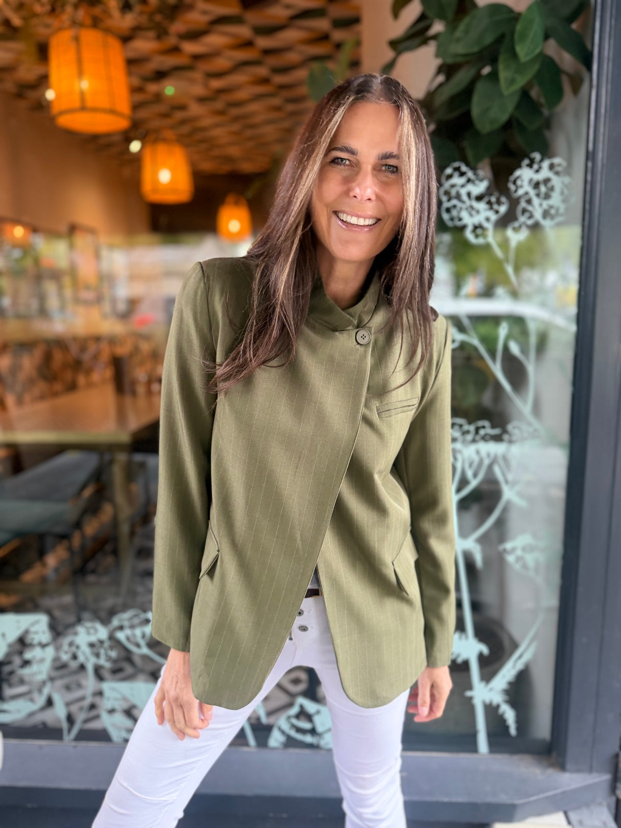 Pinstripe Funnel Neck Blazer - Green